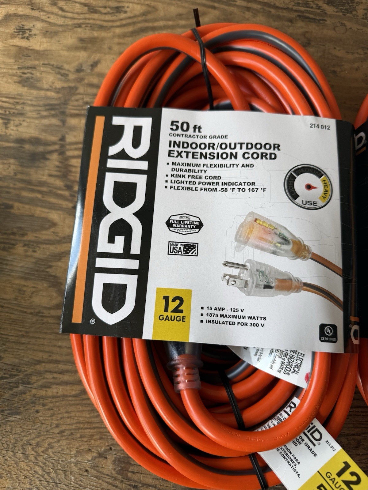 RIDGID 50 ft. 12/3 Heavy Duty Indoor/Outdoor Extension Cord with Lighted End