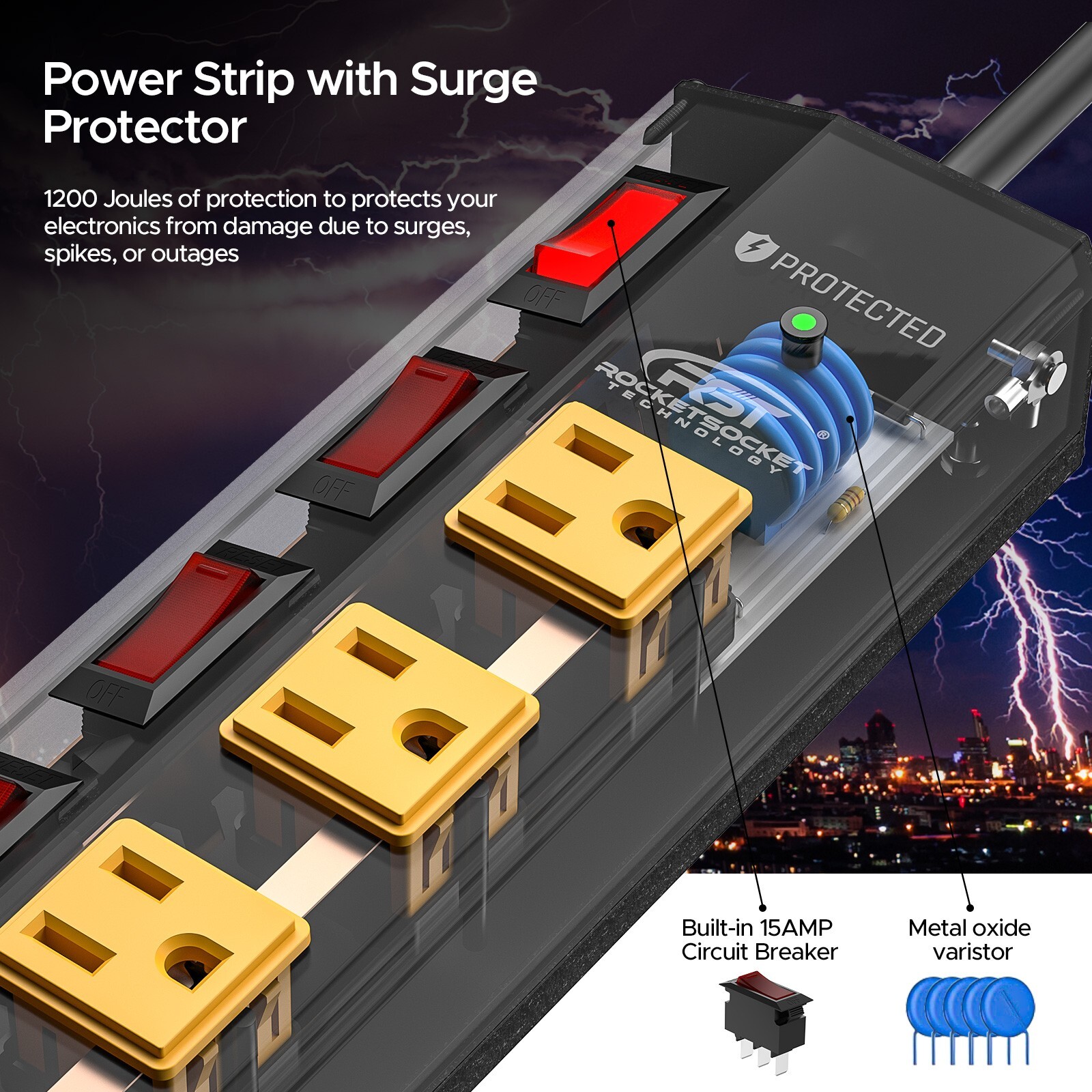 6-Outlet Power Plug with Surge Protector, ETL Certified 15FT Power Cord，one year