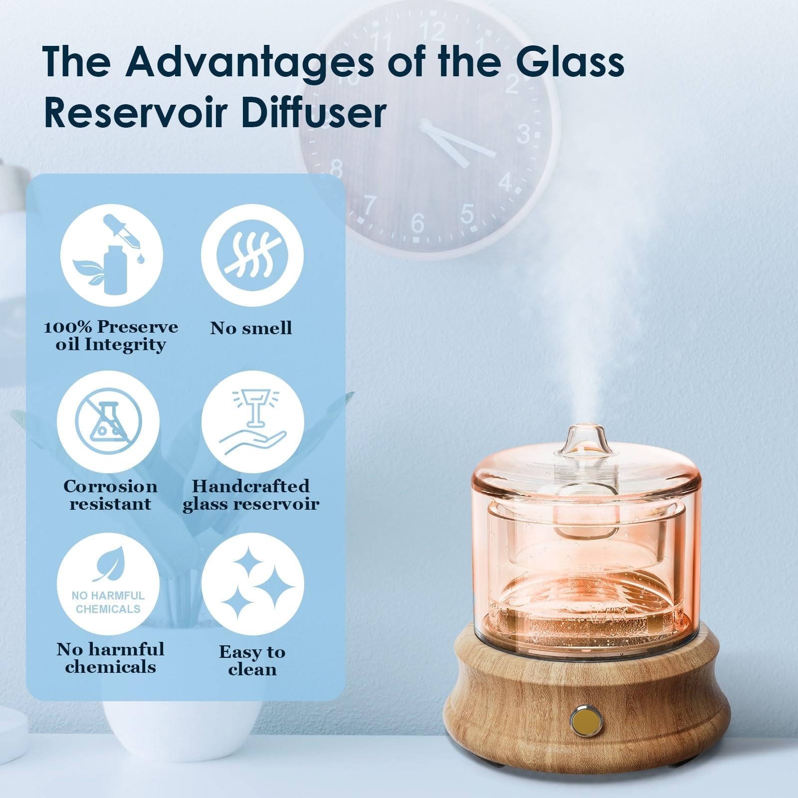 Glass Essential Oil Diffuser, 80ML Small Glass Reservoir Natural Wood Base Ul…