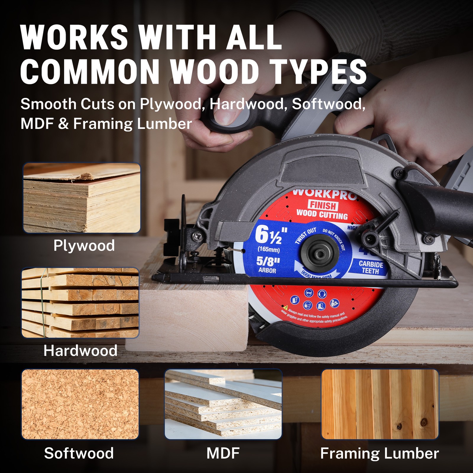 WORKPRO 6-1/2” Circular Saw Blade 40T Wood Cutting Carbide Tipped Woodworking