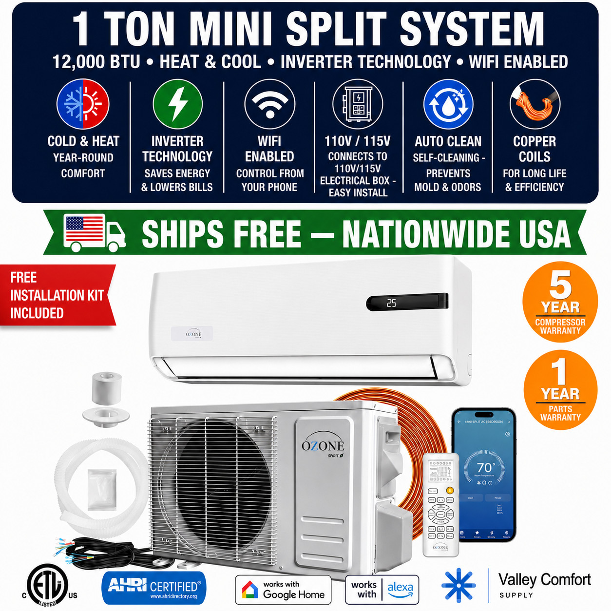12000 BTU Mini Split Inverter AC Heat Pump 1 Ton 110V 18 SEER2 R32 WiFi Ductless