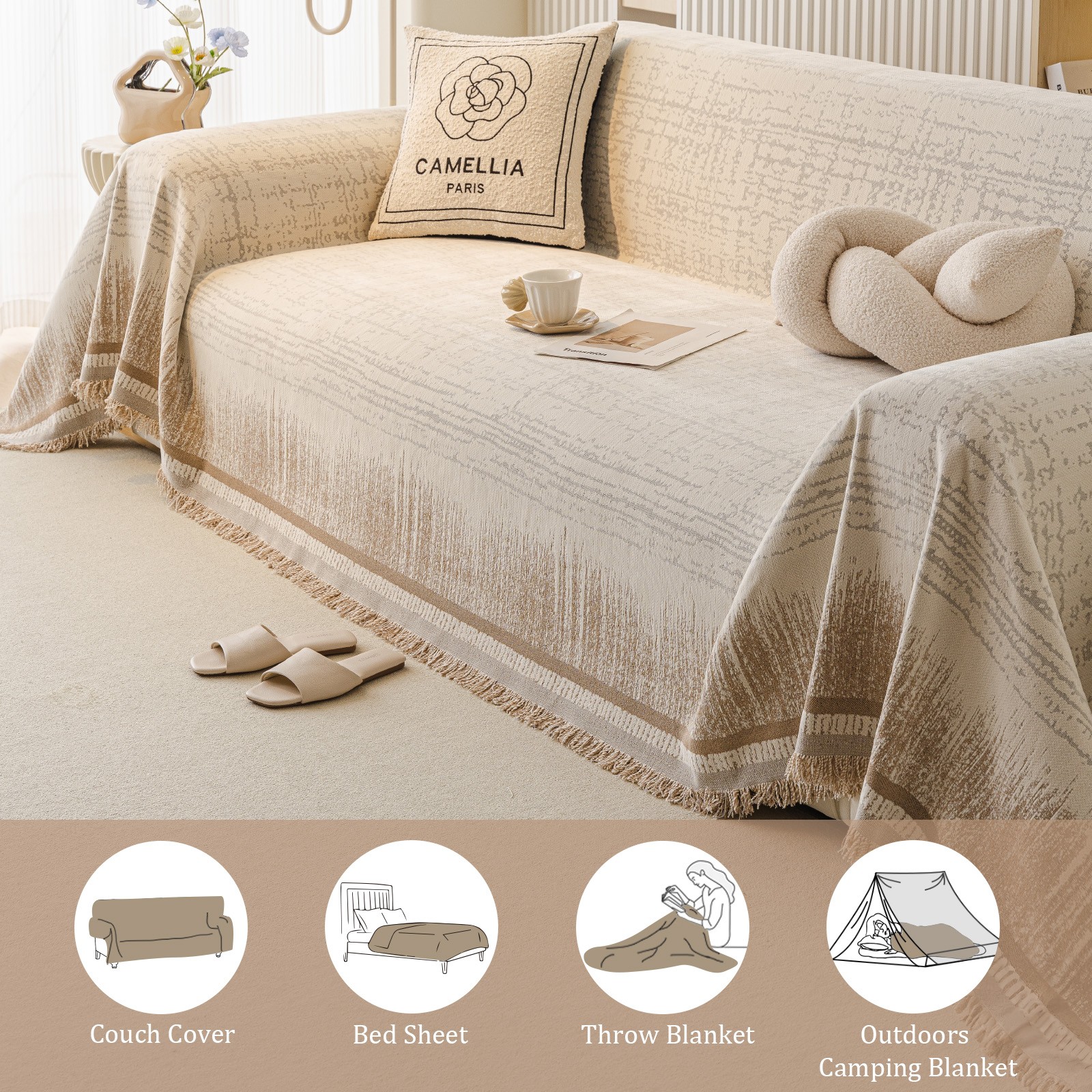 Ultra Soft Chenille Couch Cover Throw Blanket Textured Sofa Slipcover w/ Tassels
