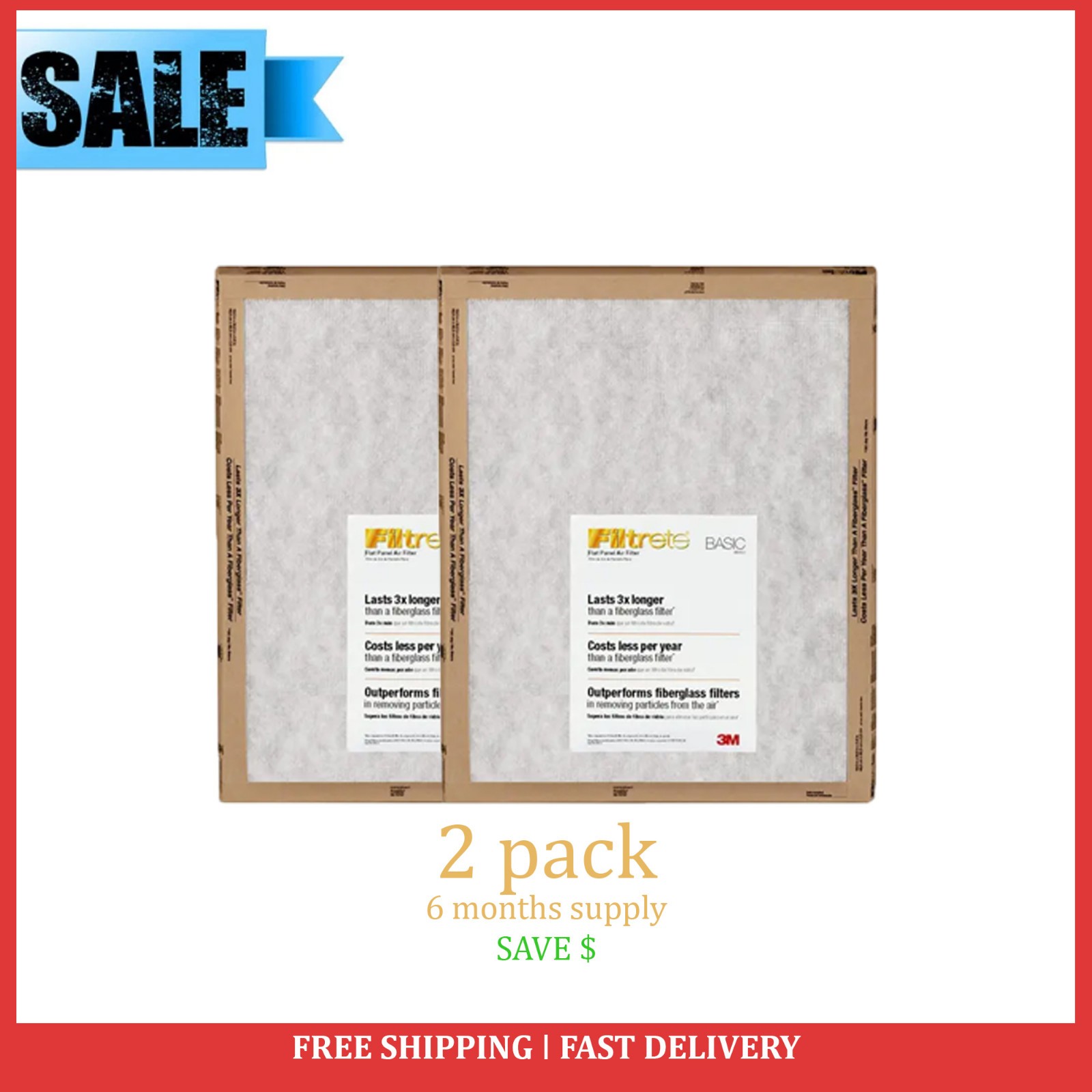 3M FILTRETE BASIC WHITE FLAT PANEL AIR FURNACE FILTER COUNT OF 2,4,8,48 FILTERS