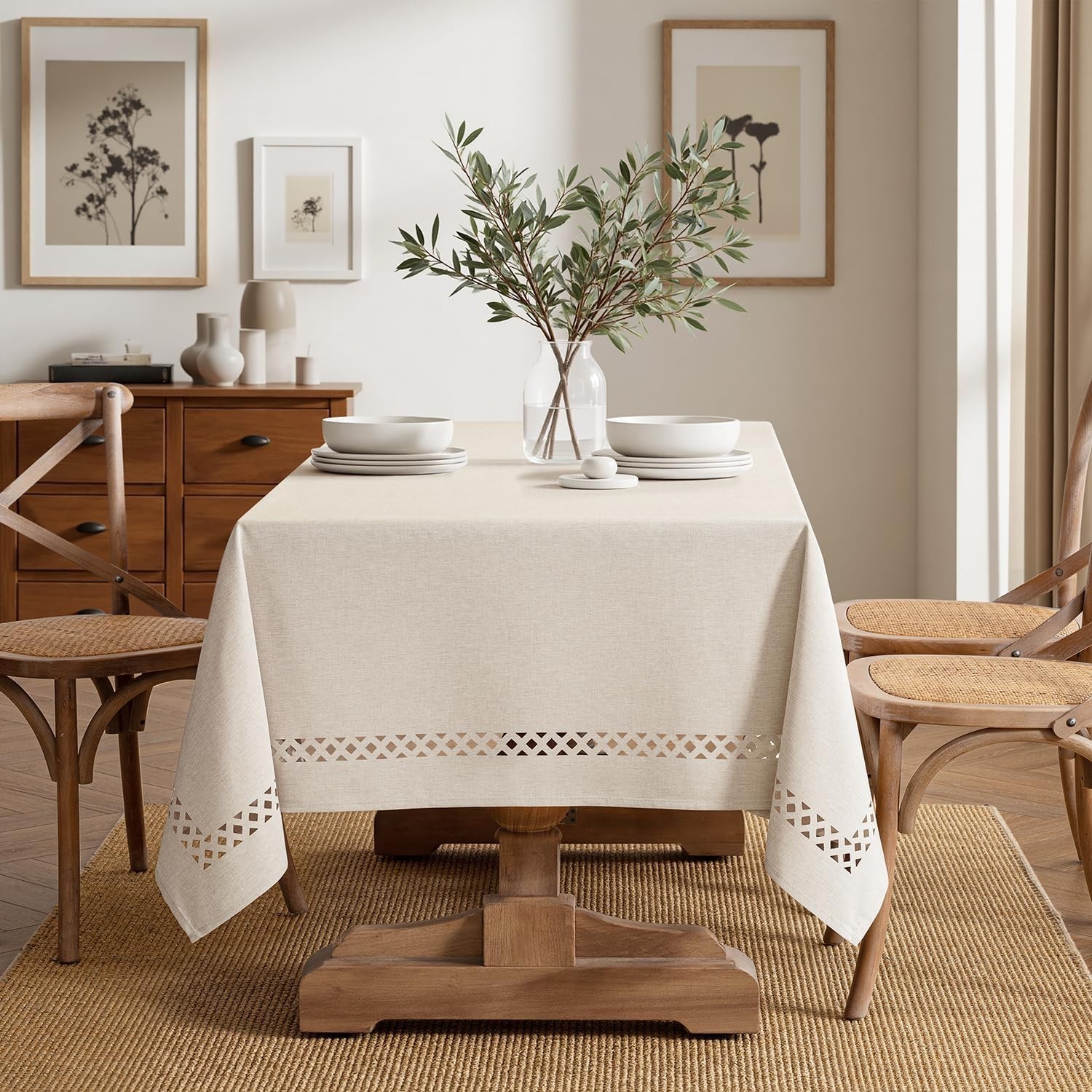 Beige Rectangle Linen Polyester Tablecloth with Decorative Cutouts Spring Wat…