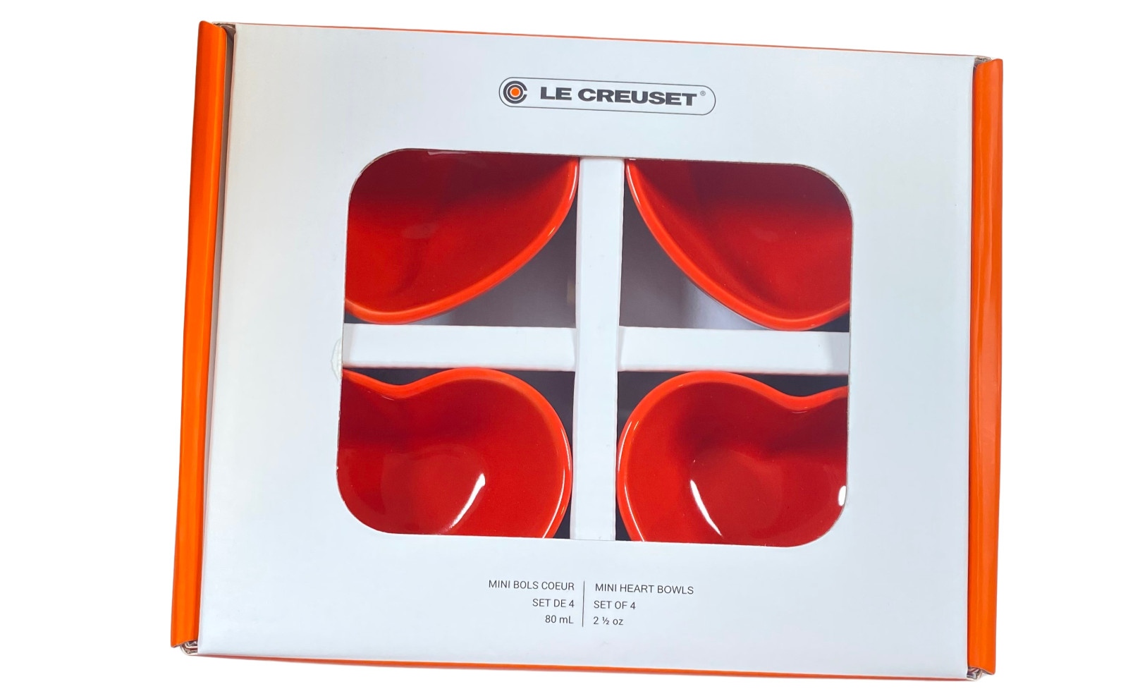 NIB Le Creuset Set of 4 Stoneware Mini Heart Pinch Bowls CERISE 2 1/2 oz. 80 ml