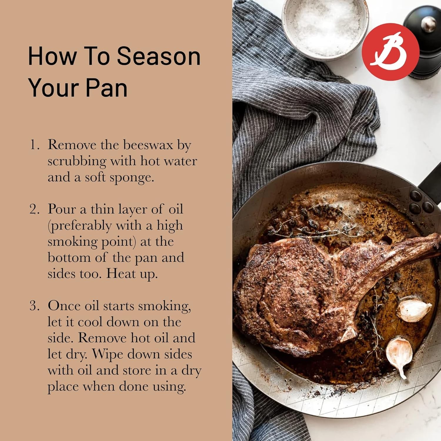 De Buyer 5616.24 Mineral B Round Carbon Steel Steak Nonstick Fry Pan, 9.5 inches