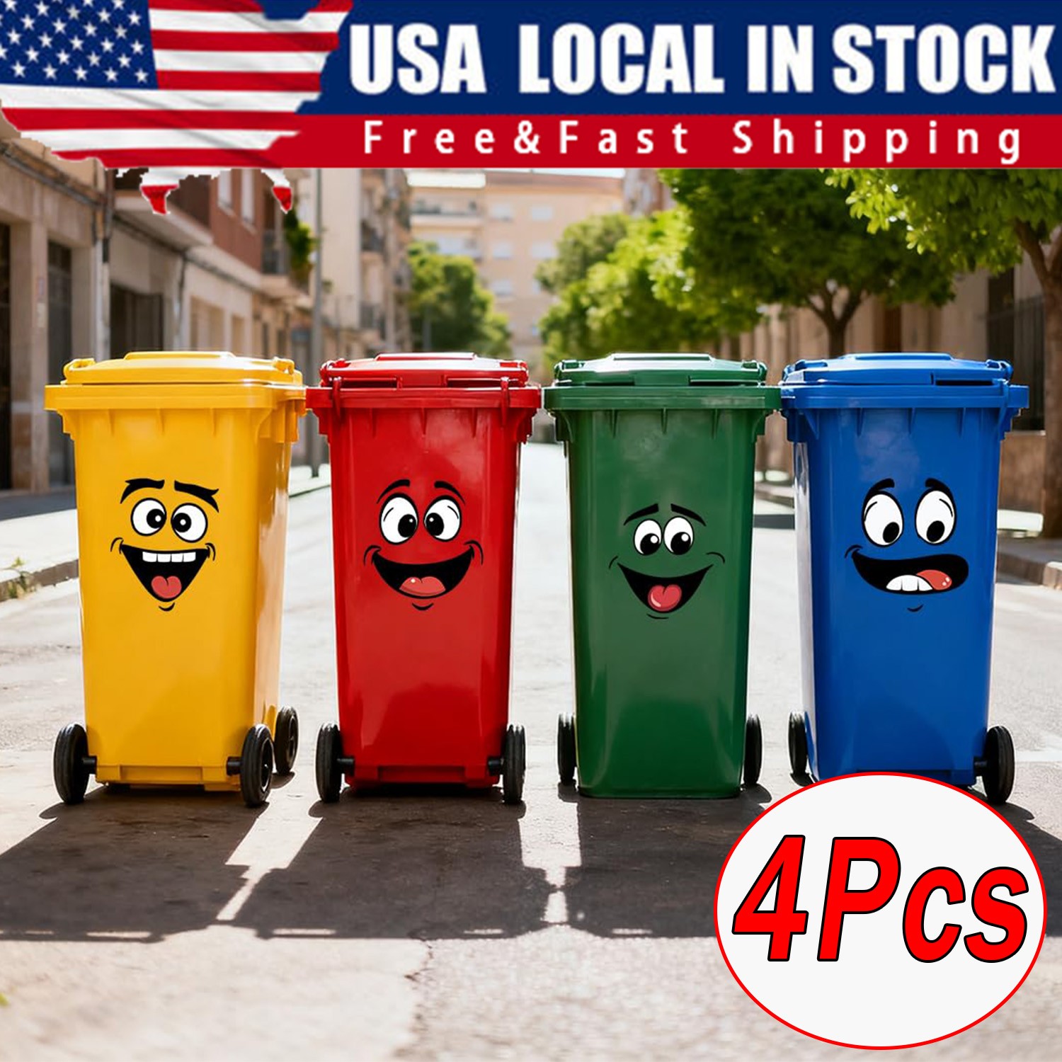 4Sheets Cartoon Face Stickers Self Adhesive Removable Funny Wall Trash Can Decor