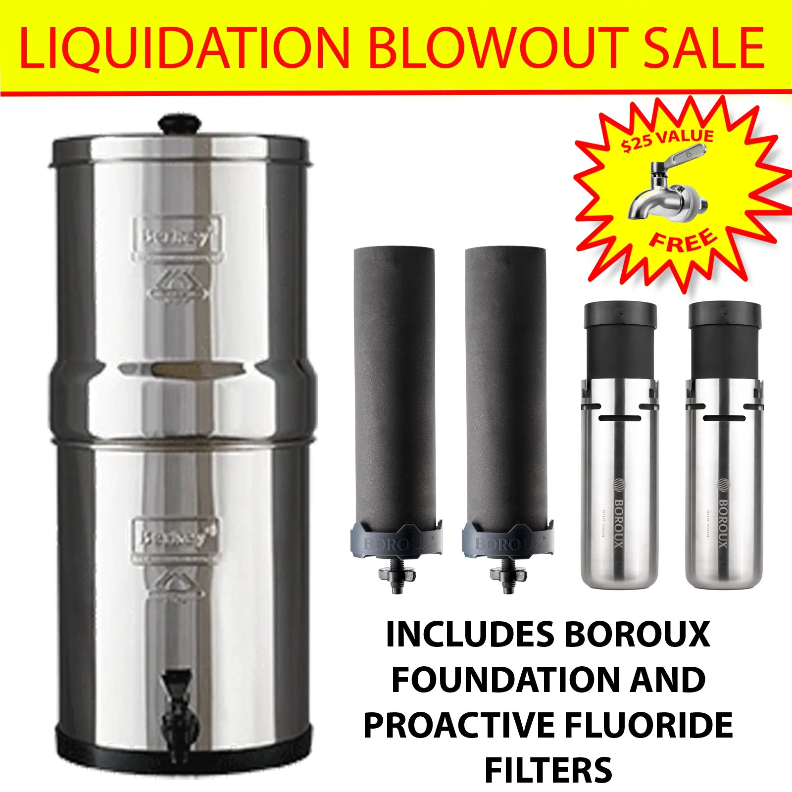 Imperial Berkey Water Filter with 2 Boroux Foundation Black + 2 Fluoride Filters