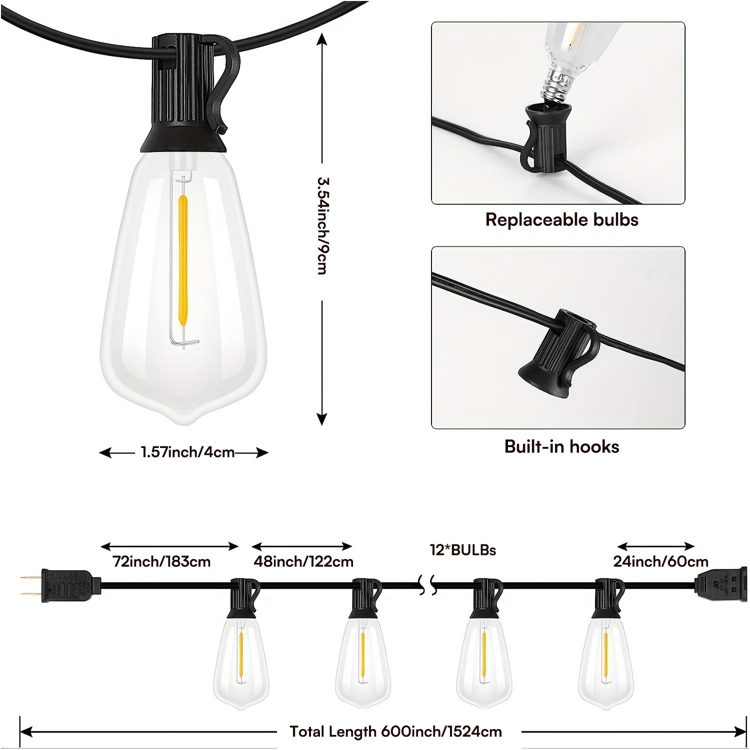 50/100/200FT LED Outdoor String Lights ST38 Shatterproof 2700K Patio Lights