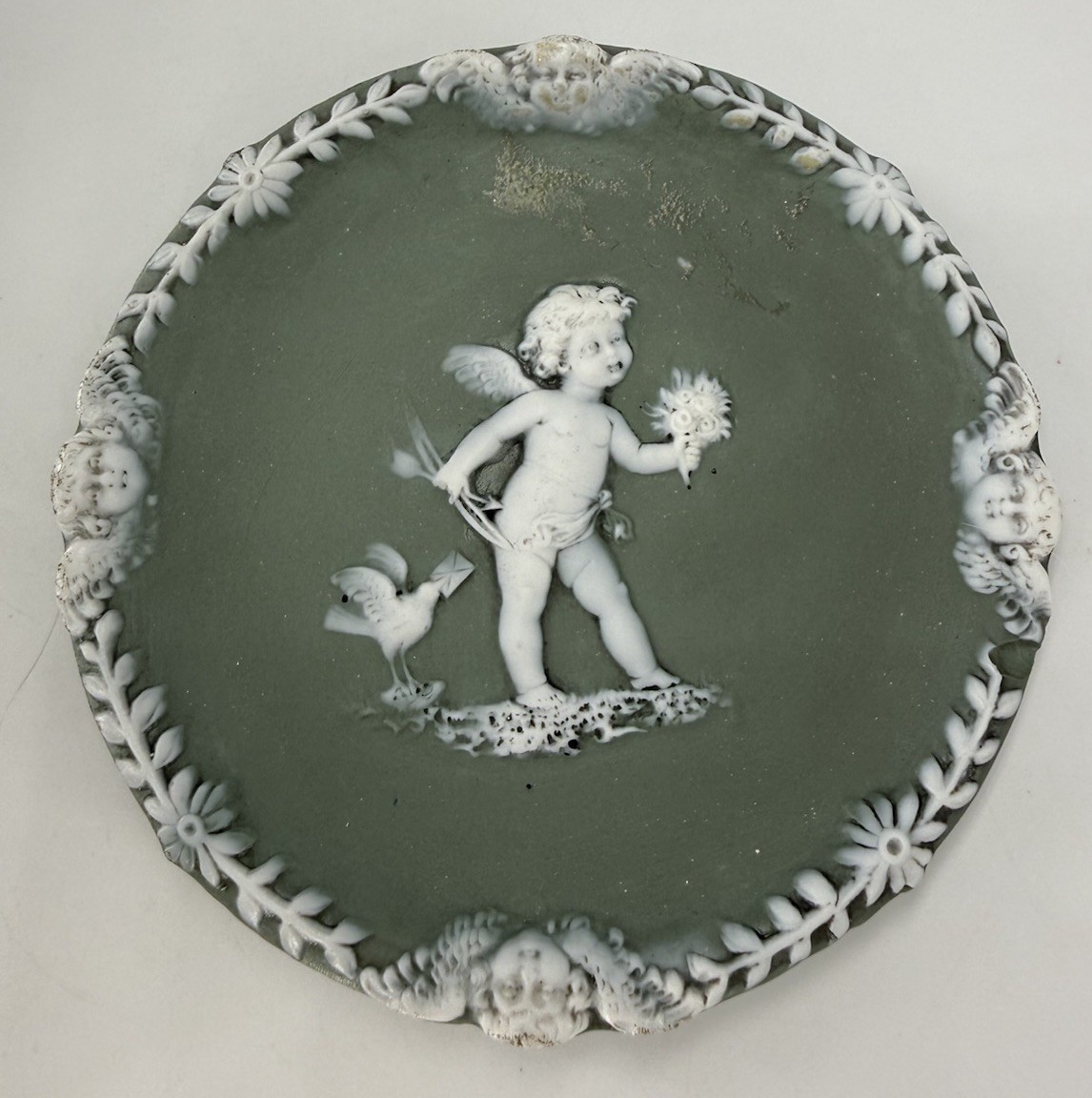 Vintage German Jasperware CUPID Green Wall Hanging/ Decorative Dish 4.25in