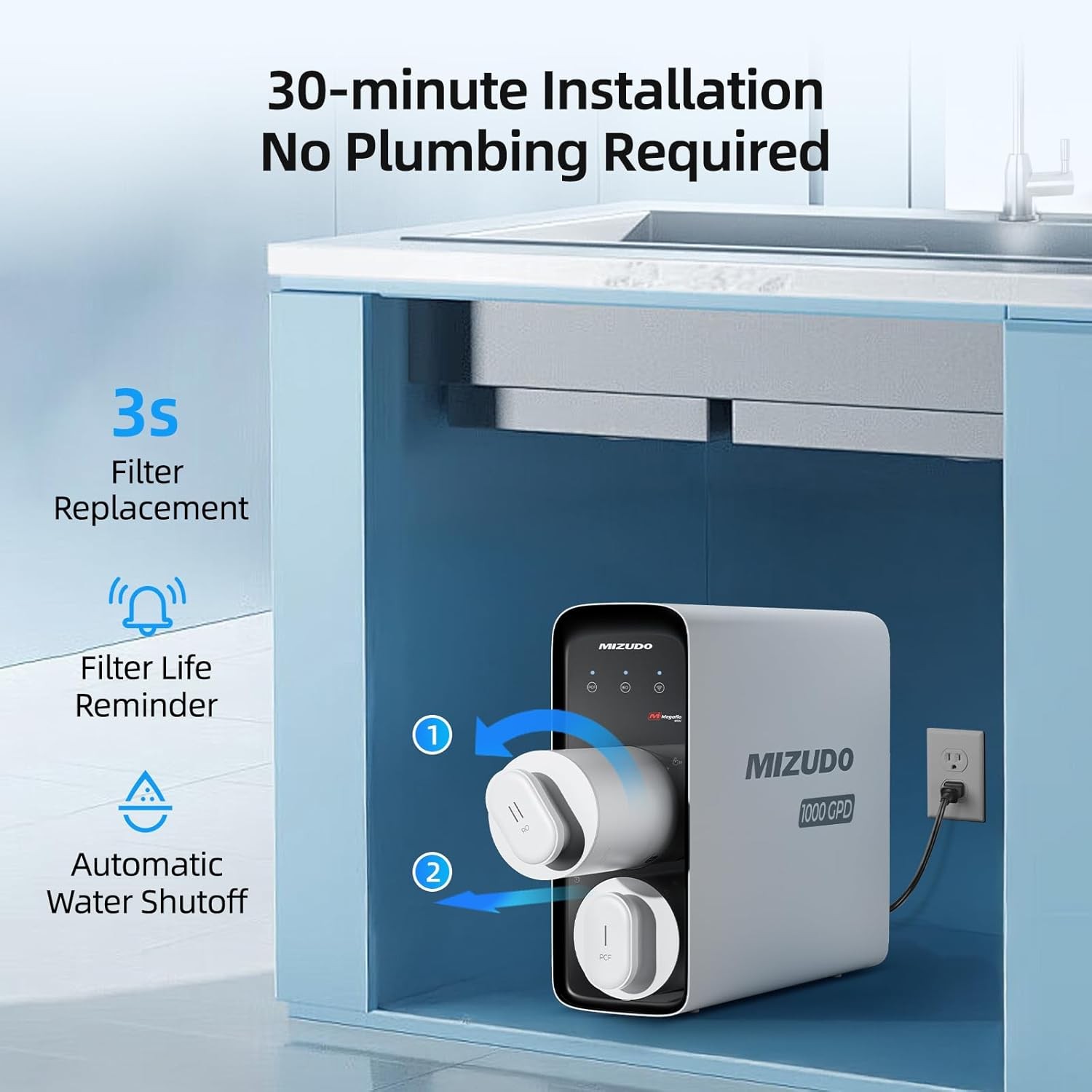 MIZUDO 1000GPD 8 Stage RO Reverse Osmosis Tankless Water Filter System Purifier