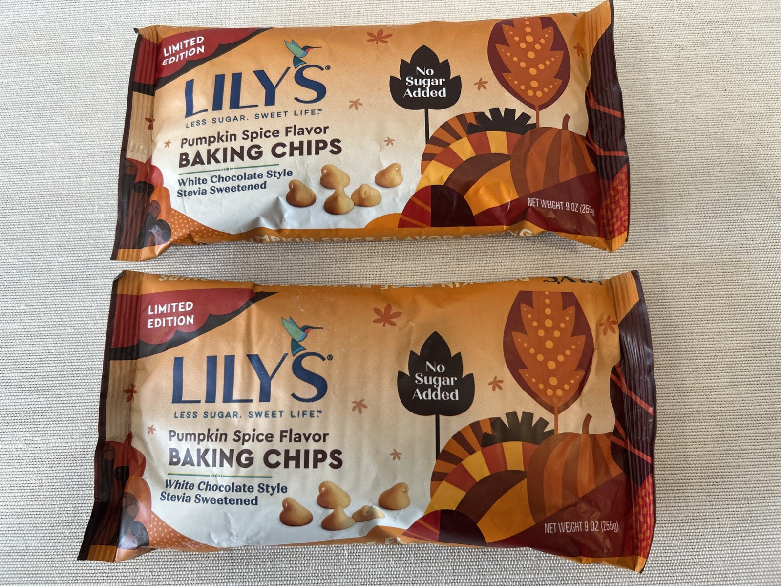 2 BAGS LILY’S WHITE Chocolate Pumpkin Spice Baking Chips 9 OZ NO SUGAR 12/23