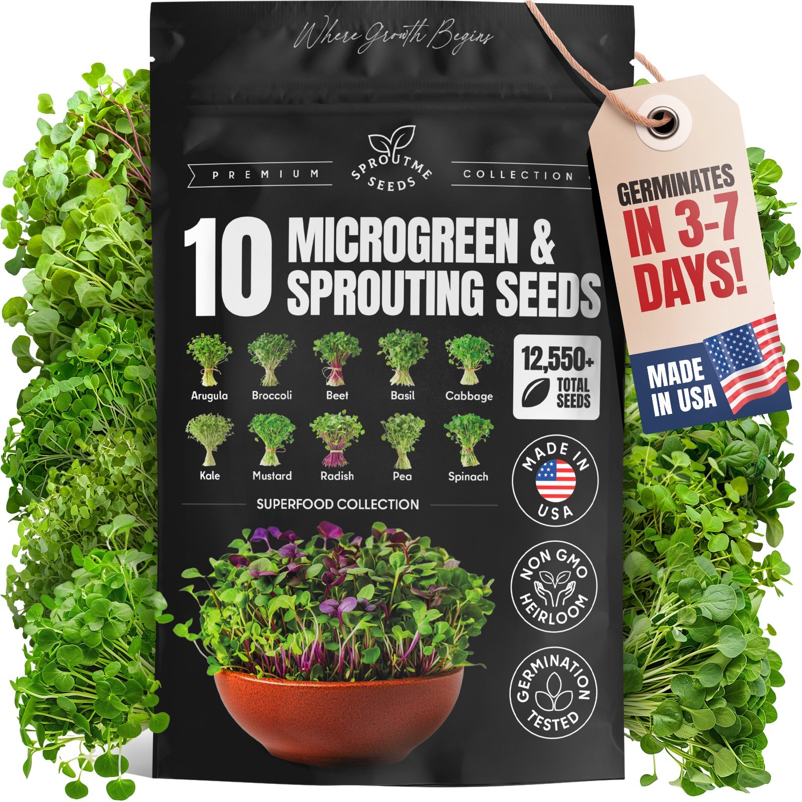 Microgreens & Sprouting Seeds Variety Pack, 10 Varieties, Non-GMO, 12550+ Seeds