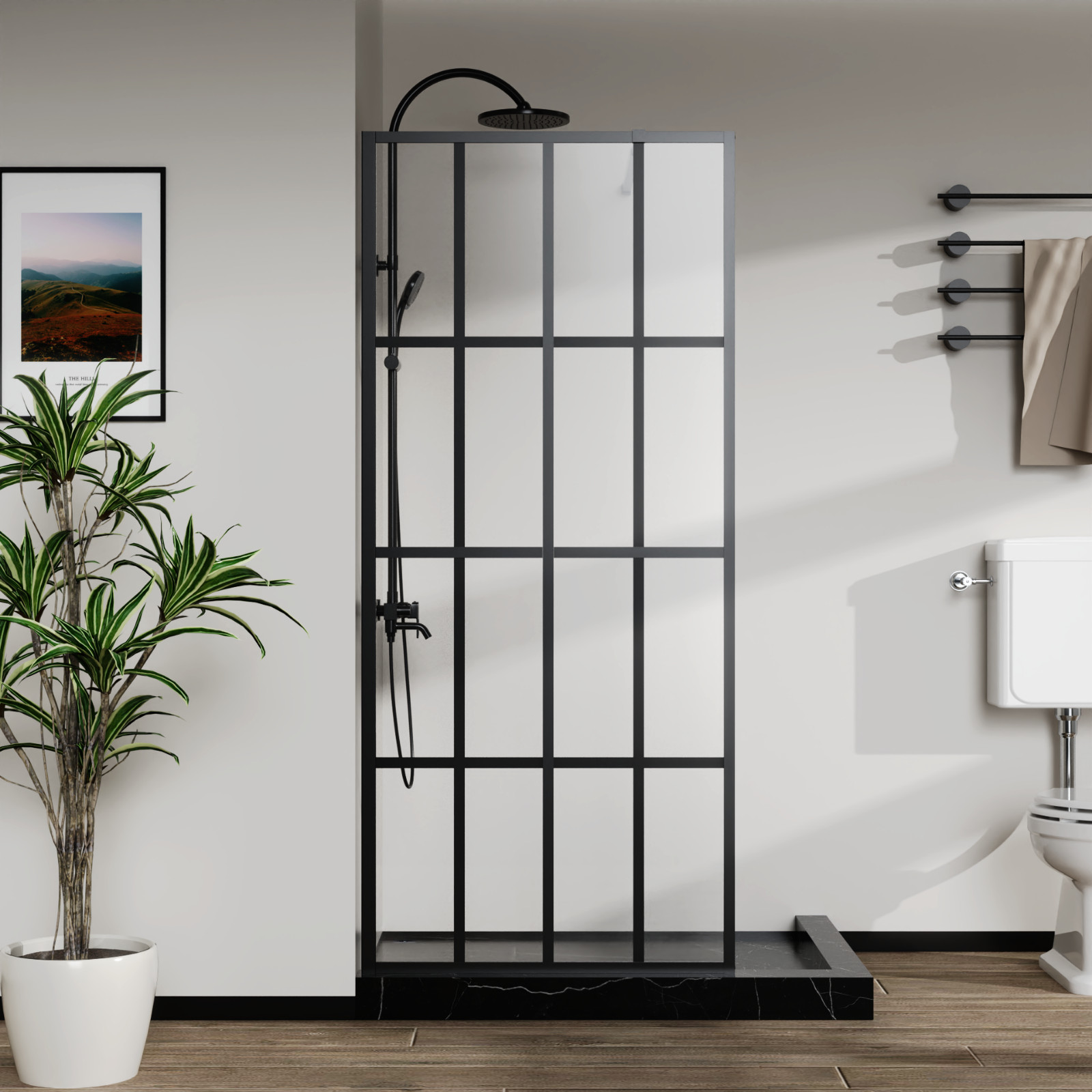 Walk-in Shower Door Clear Tempered Glass w Black Framed Shower Screen,34″*72″