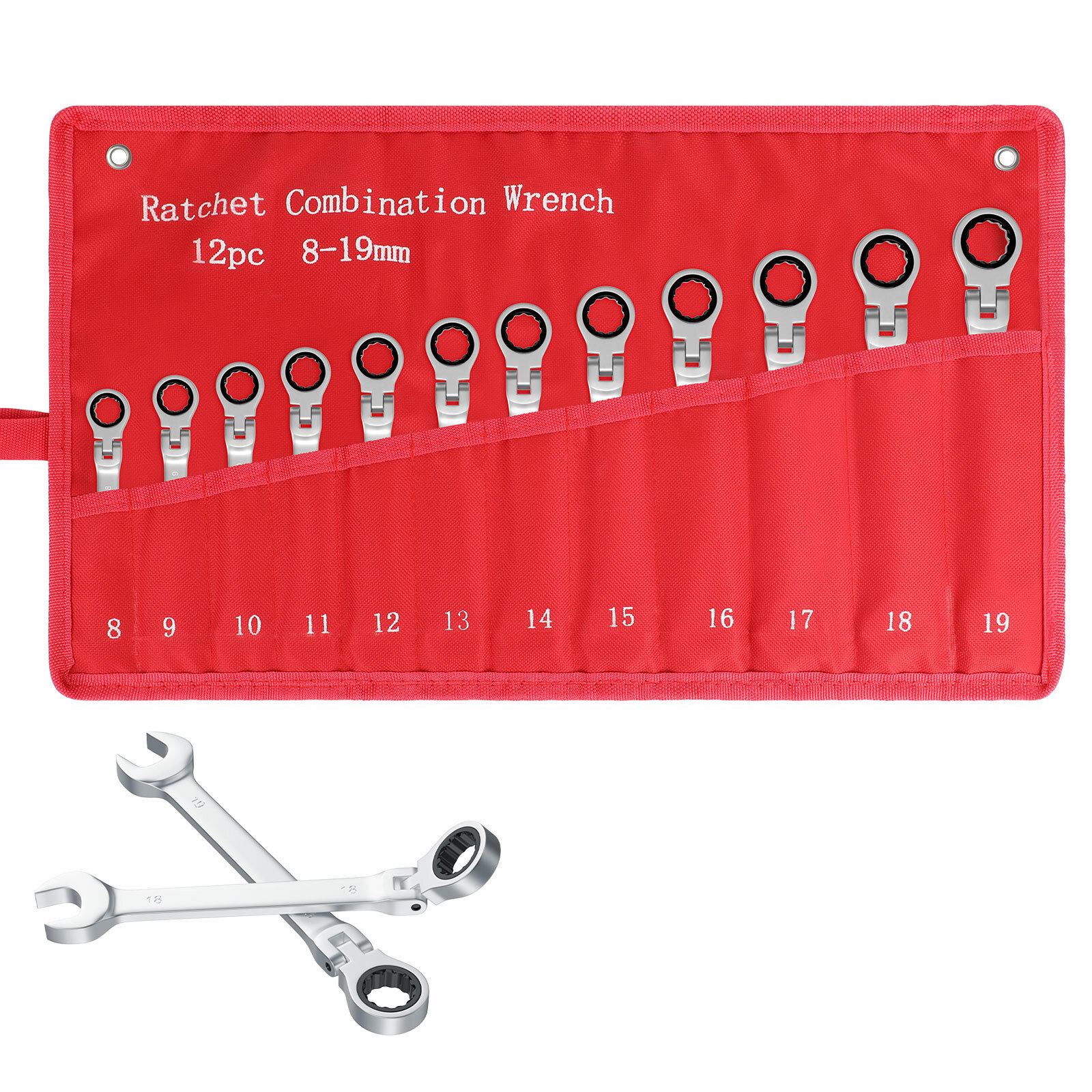 12Pc 8-19mm Metric Flexible Head Ratcheting Wrench Combination Spanner Tool Set