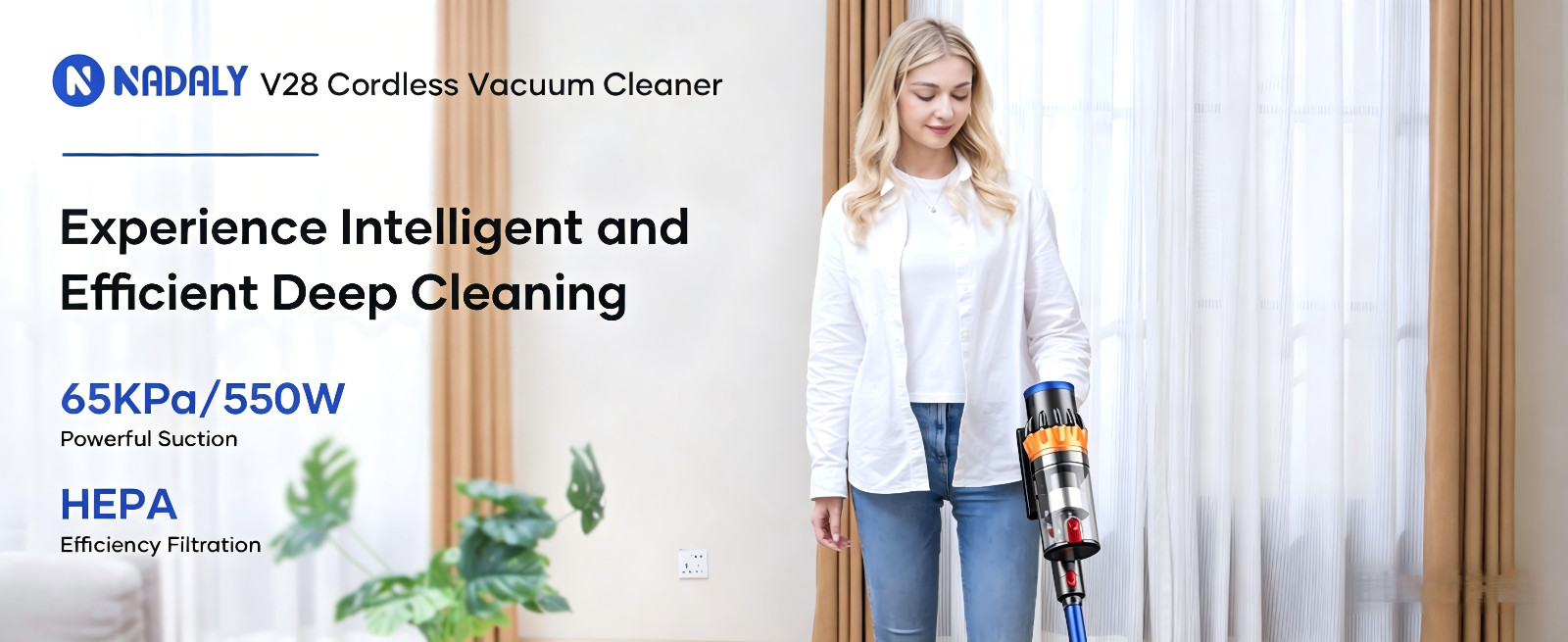 Cordless Vacuum Cleaner 550W Max 45kpa Brushless Motor 65min Runtime HEPA V28
