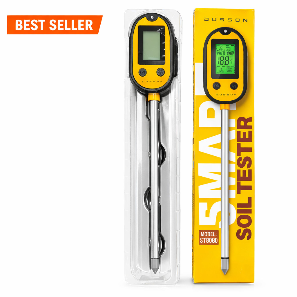 Dusson 5-in-1 Soil Tester pH Moisture Light Temp Nutrient Meter Garden Probe 12″