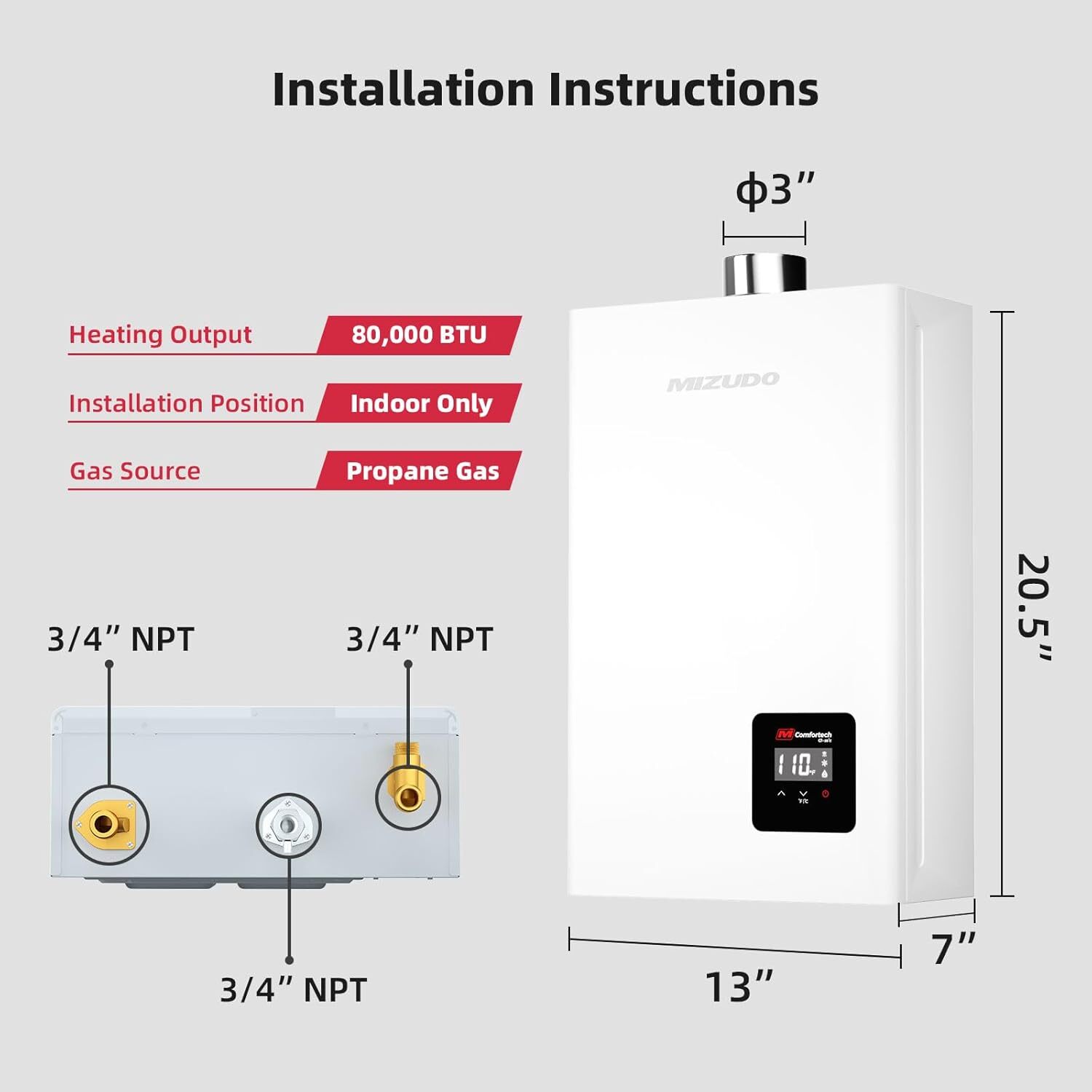 MIZUDO Propane Gas Tankless Water Heater 3.6 GPM 80,000 BTU Indoor Installation