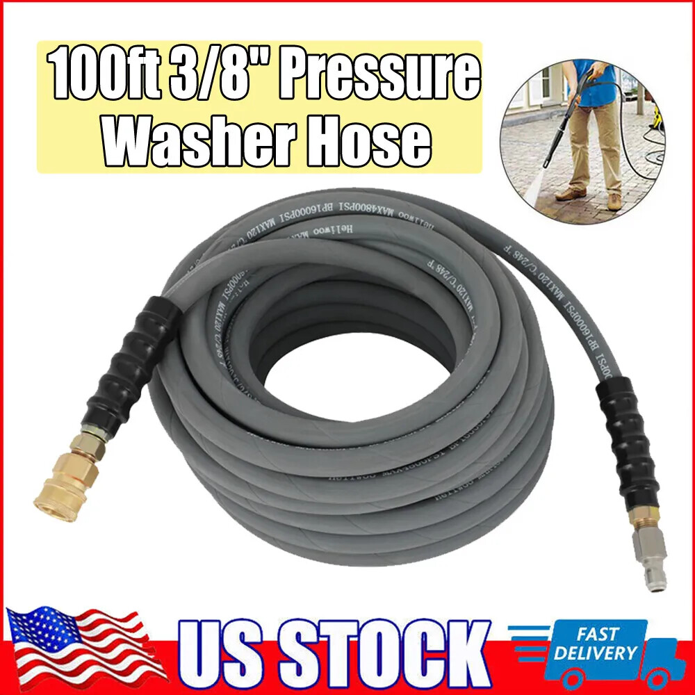 100ft 3/8″ Pressure Washer Hose 4000 PSI Non-Marking Gray With Couplers.