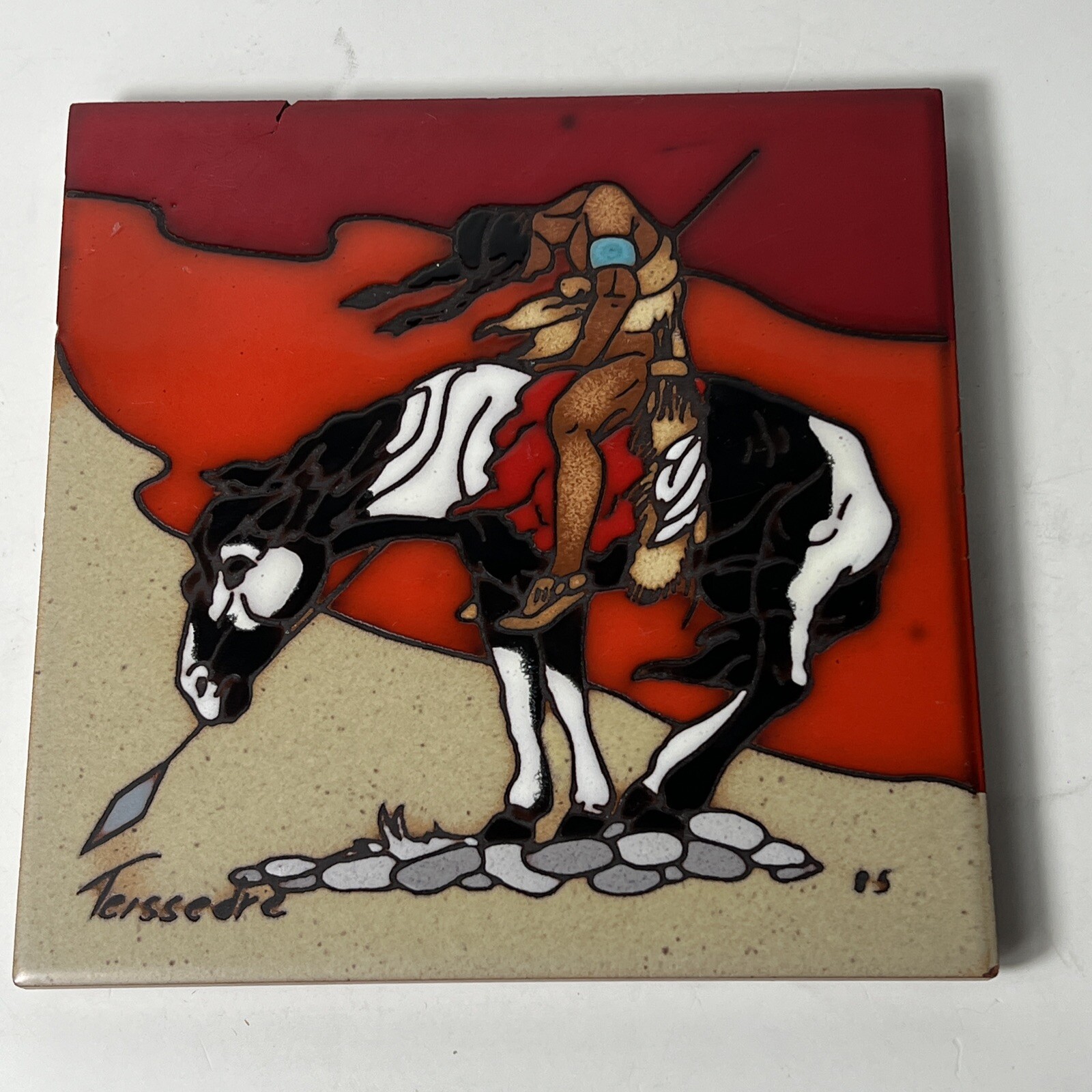 Vintage Cleo Teissedre Designs, Inc. 1985 Art Tile -Native Indian DAMAGED GLUED