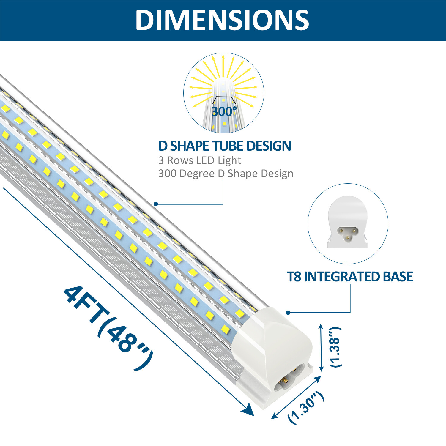 4FT T8 LED Shop Light Fixture 36W 60W LED Tube Light Bulbs 6500K Integrated US