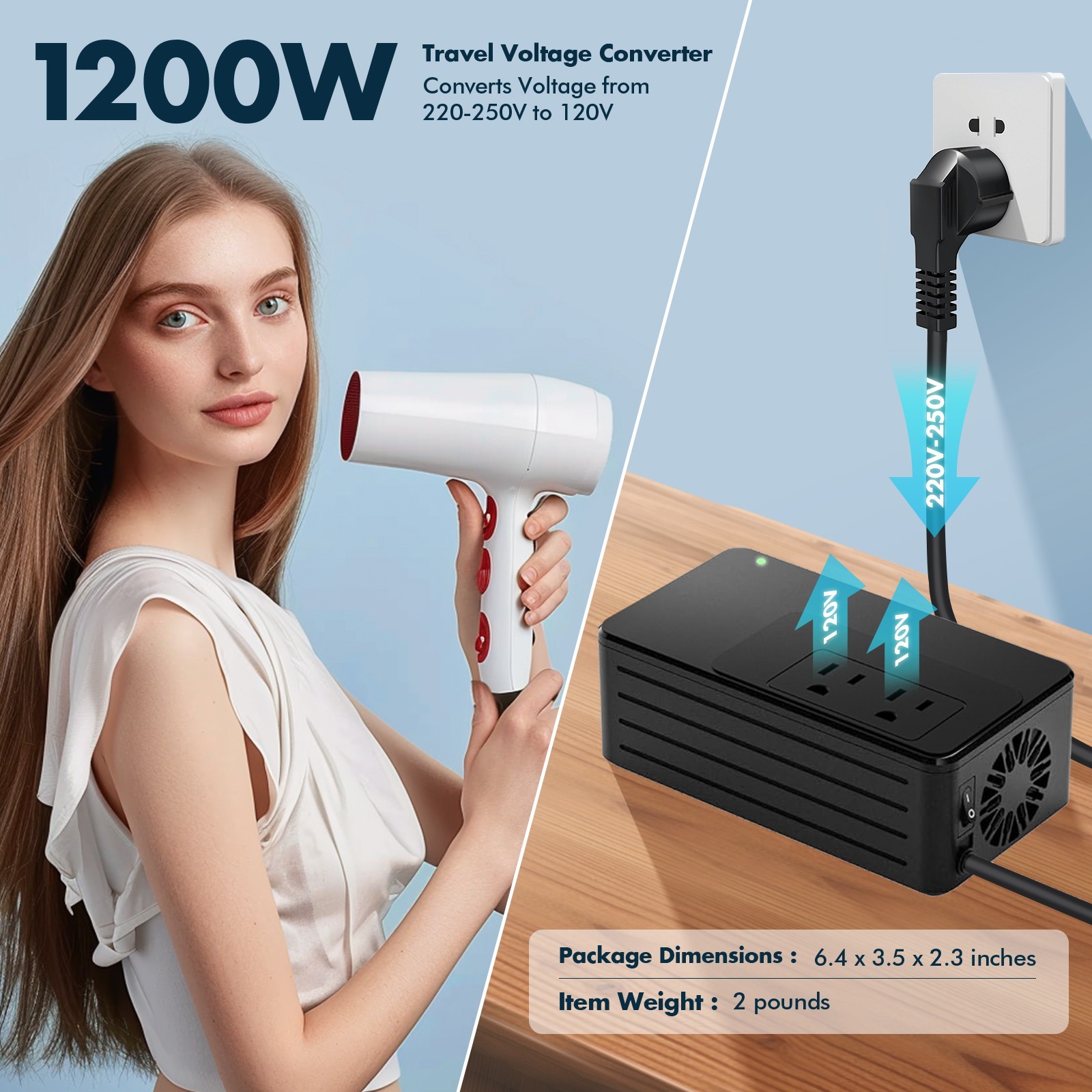 1200W Universal Travel Adapter Converter Step-Down 220V to 110V, Only 2 lbs