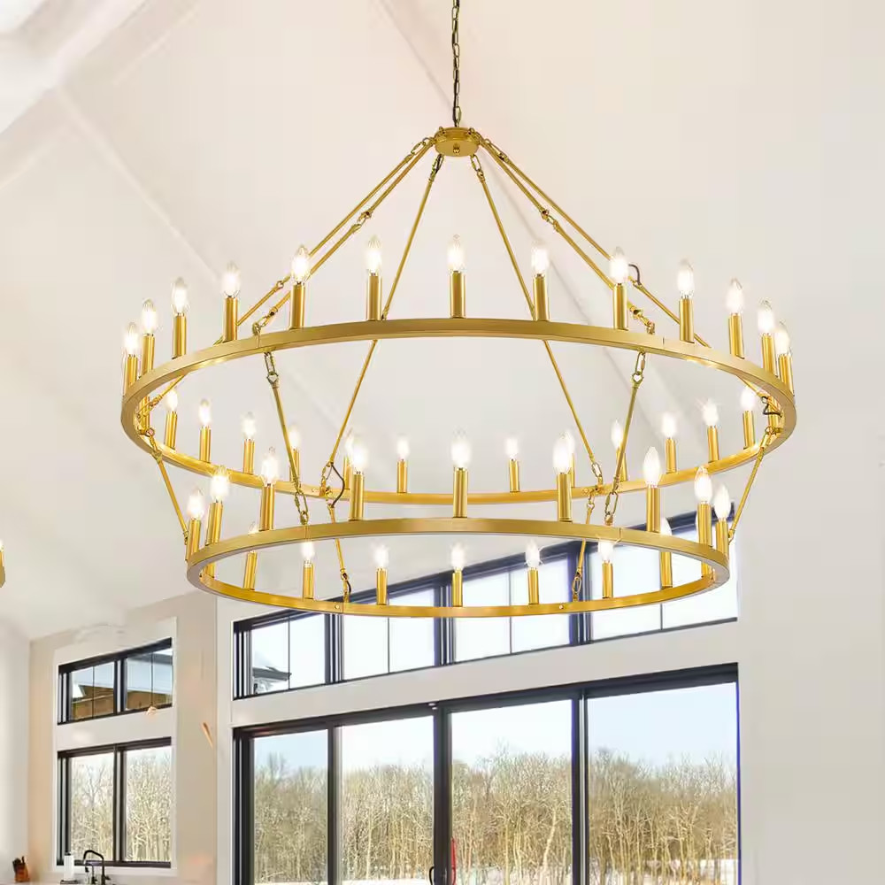 57 In. 48-Light 2 Tier Gold Extra Large Farmhouse Wagon Wheel Loft Retro round C