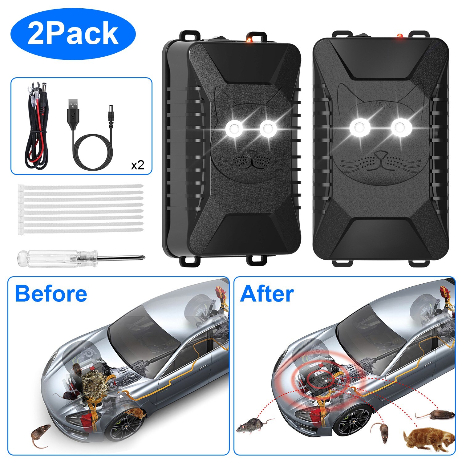2 Packs Under Hood Ultrasonic Rodent Repeller Car Rat Repellent Keep Animal Away