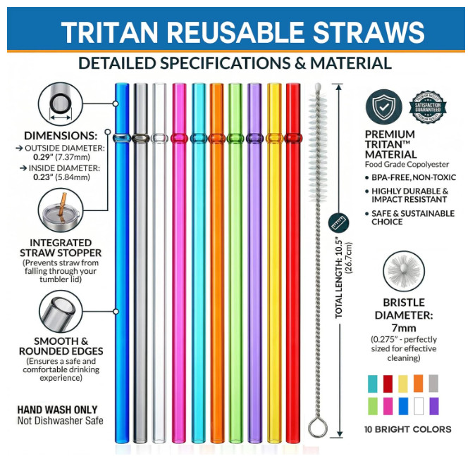 10.5in Rainbow Reusable Tritan Straws for 16/20/30oz Stanley YETI Tumblers NEW