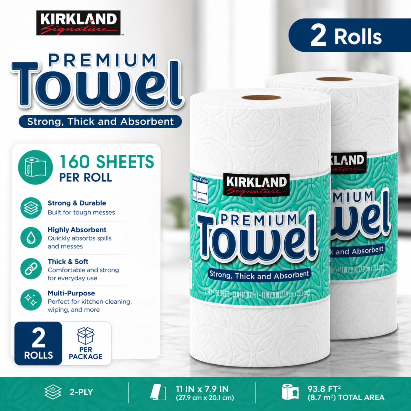 Kirkland Signature Premium Paper Towel 2-Ply 160 Sheet Per Roll Strong Absorbent