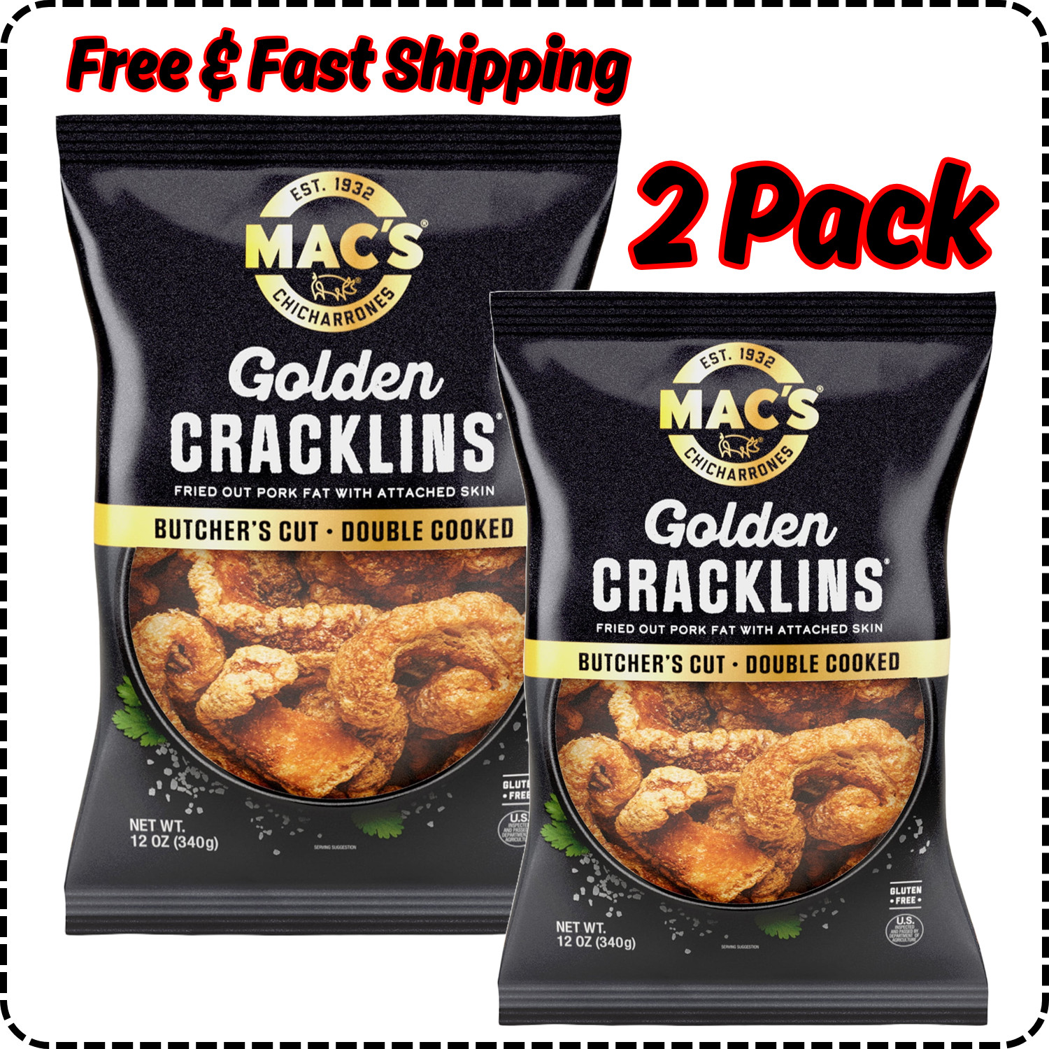 Mac’s Chicharrones Golden Cracklin Curls, Fried Pork Fat with Skin, 12 oz, 2Pack
