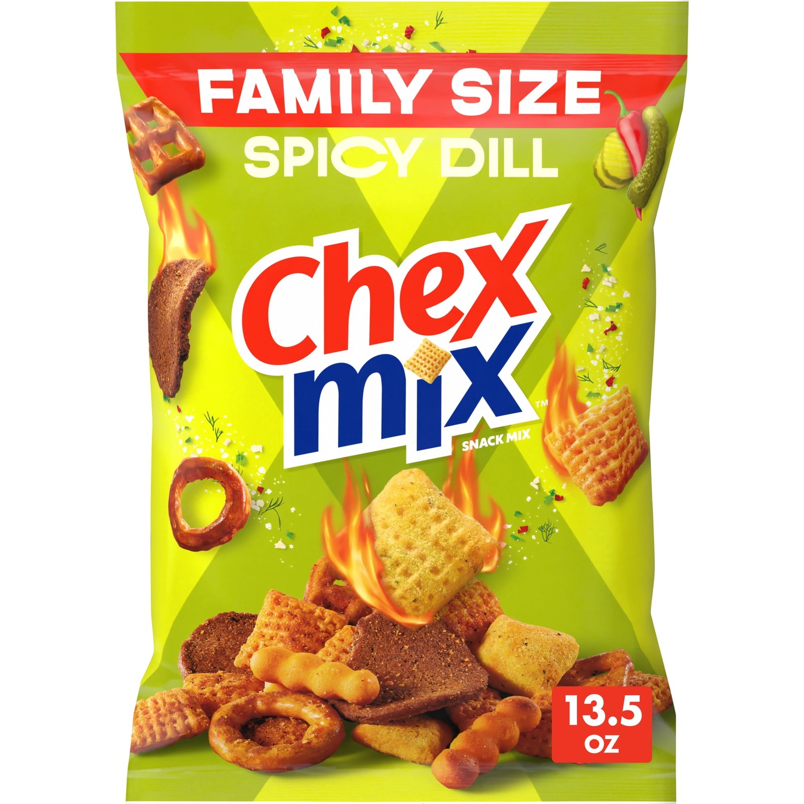 Chex Mix Spicy Dill Snack Mix, Savory Snack Bag, Family Size, 13.5 oz