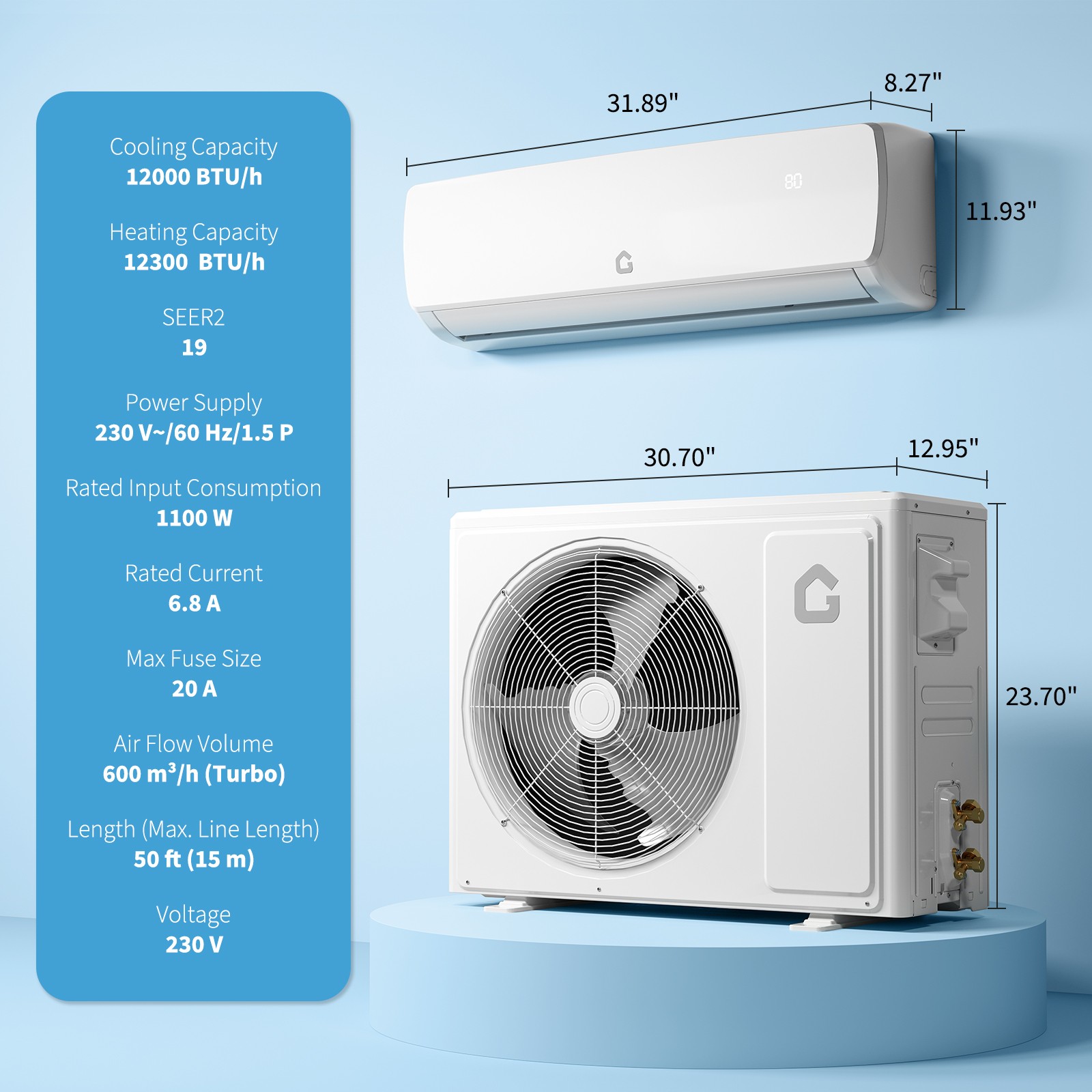 12000 BTU Wall-Mount Ductless Mini Split Air Conditioner & Heater 19 SEER2 115V