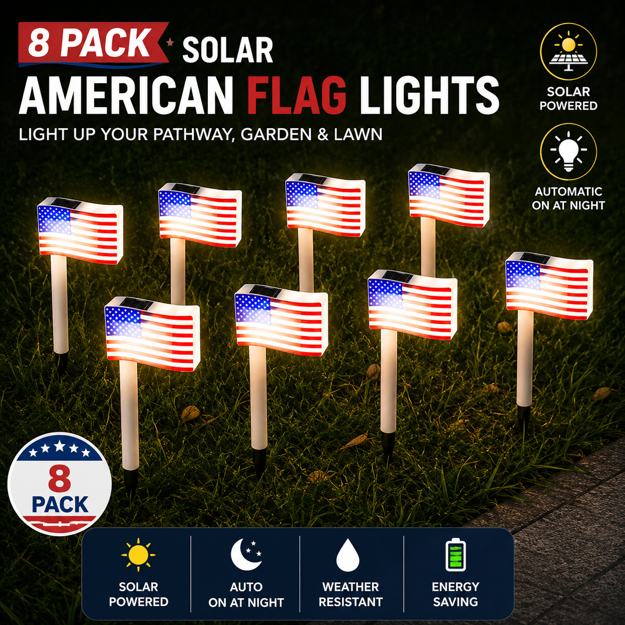 8-PCS American Flag Solar Powered Light | LED Flagpole Lights W/Flag 4th Of July