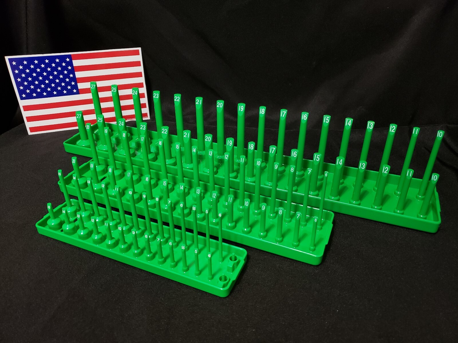 Hansen 6 Pc Socket Tray Metric SAE Tool Rack Holders 1/4″ 3/8″ 1/2″ Green – USA