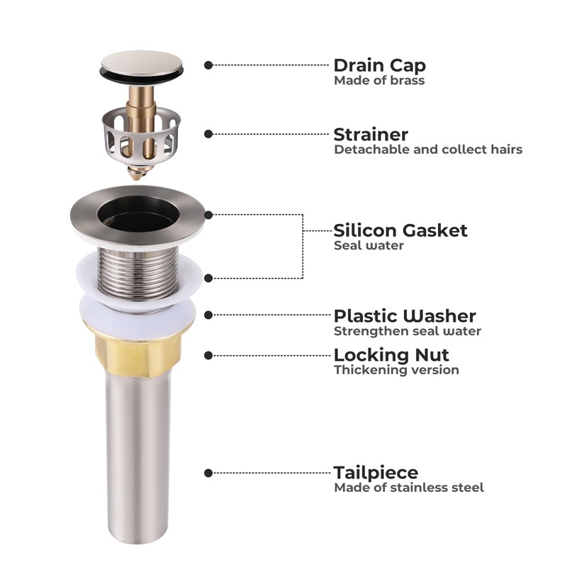 New Bathroom Pop Up Drain Vessel Basin Sink Stopper Brushed Nickel No Overflow