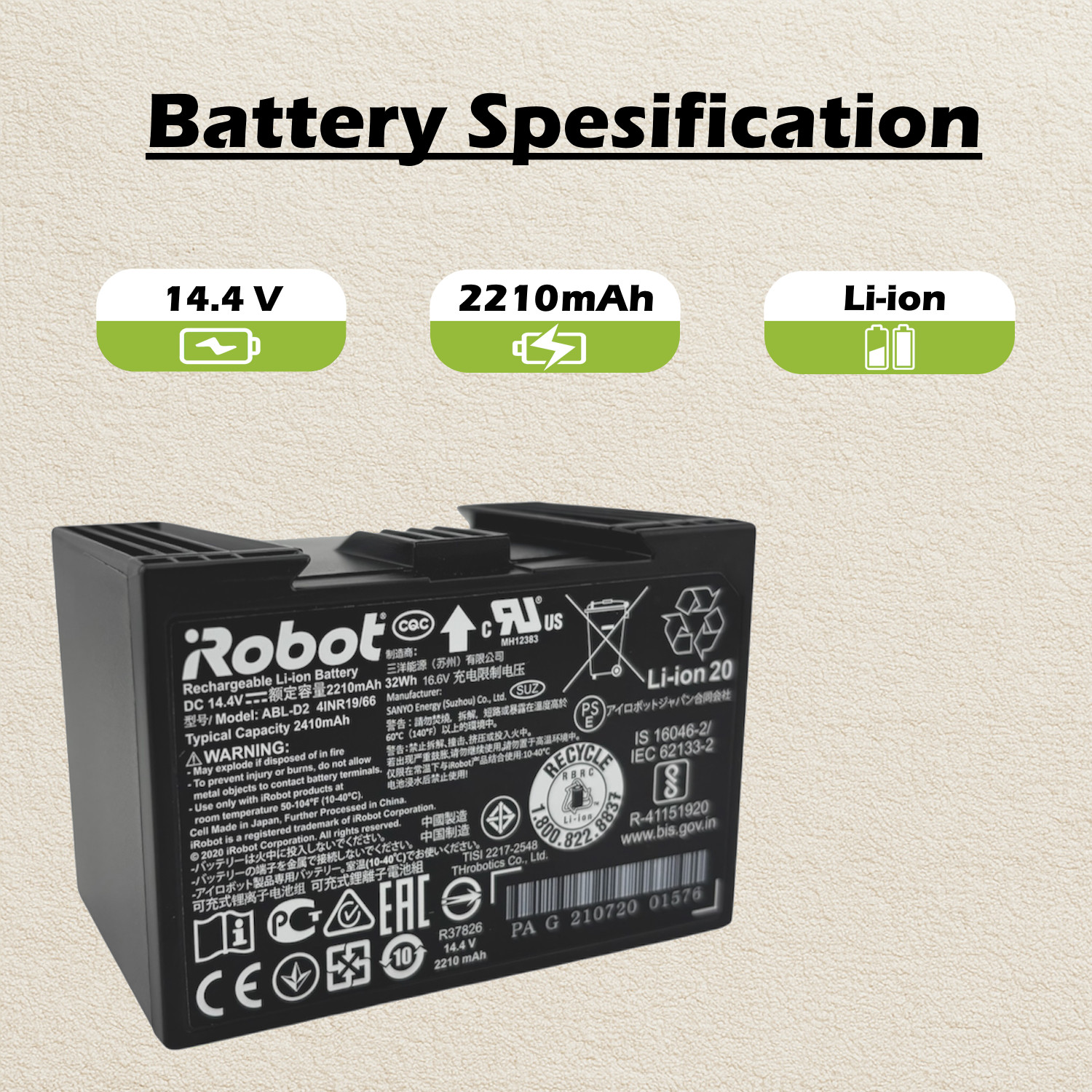 New OEM iRobot Roomba j7 j7+ High Capacity Lithium Ion Battery 2410mAh – ABL-D2