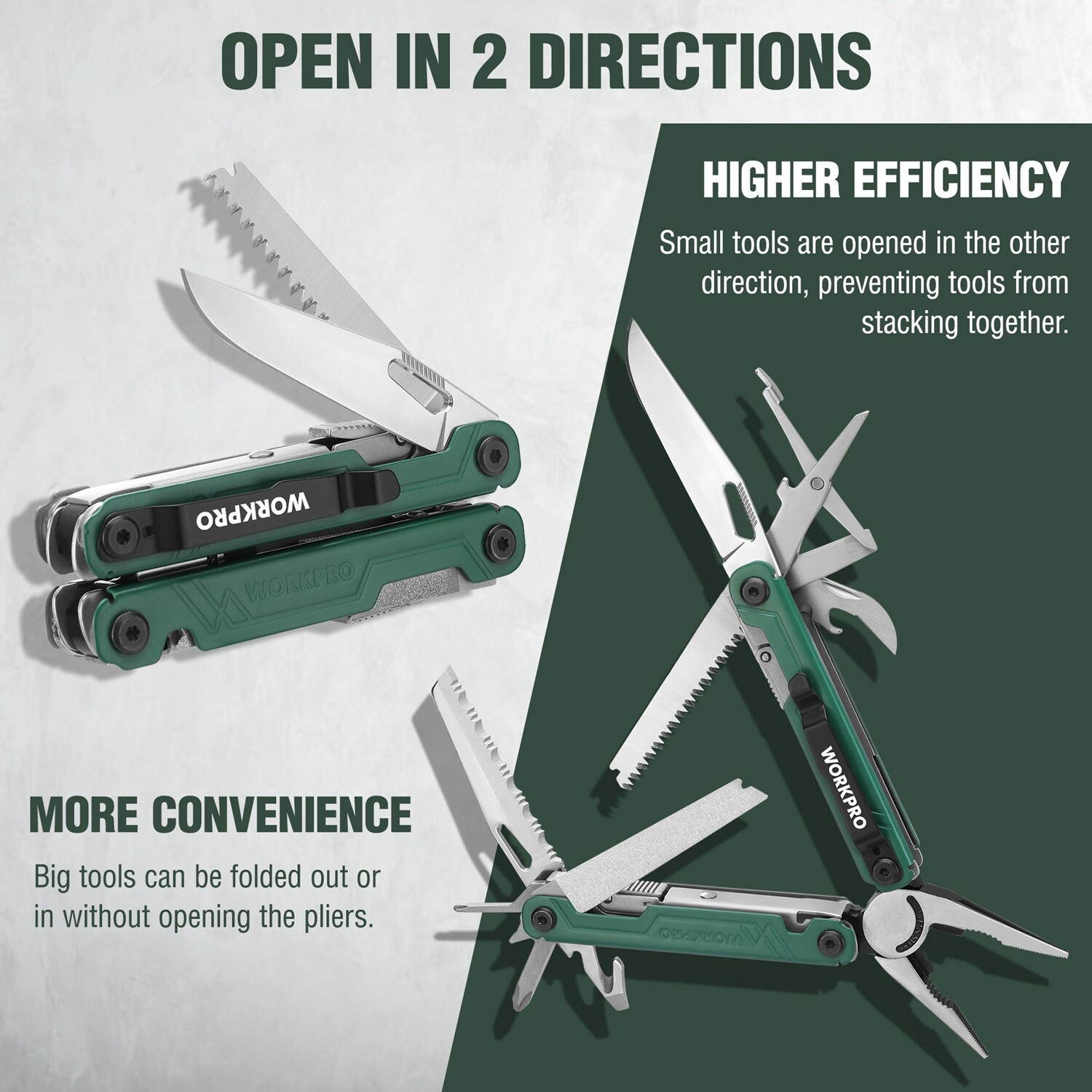 WORKPRO 18-in-1Stainless Steel Multi Tool Plier EDC Multitool 2Safety Lock Green