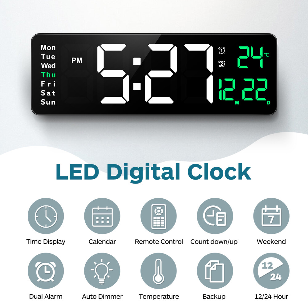Large LED Digital Wall Clock Temperature Date Day Display USB Remote Control