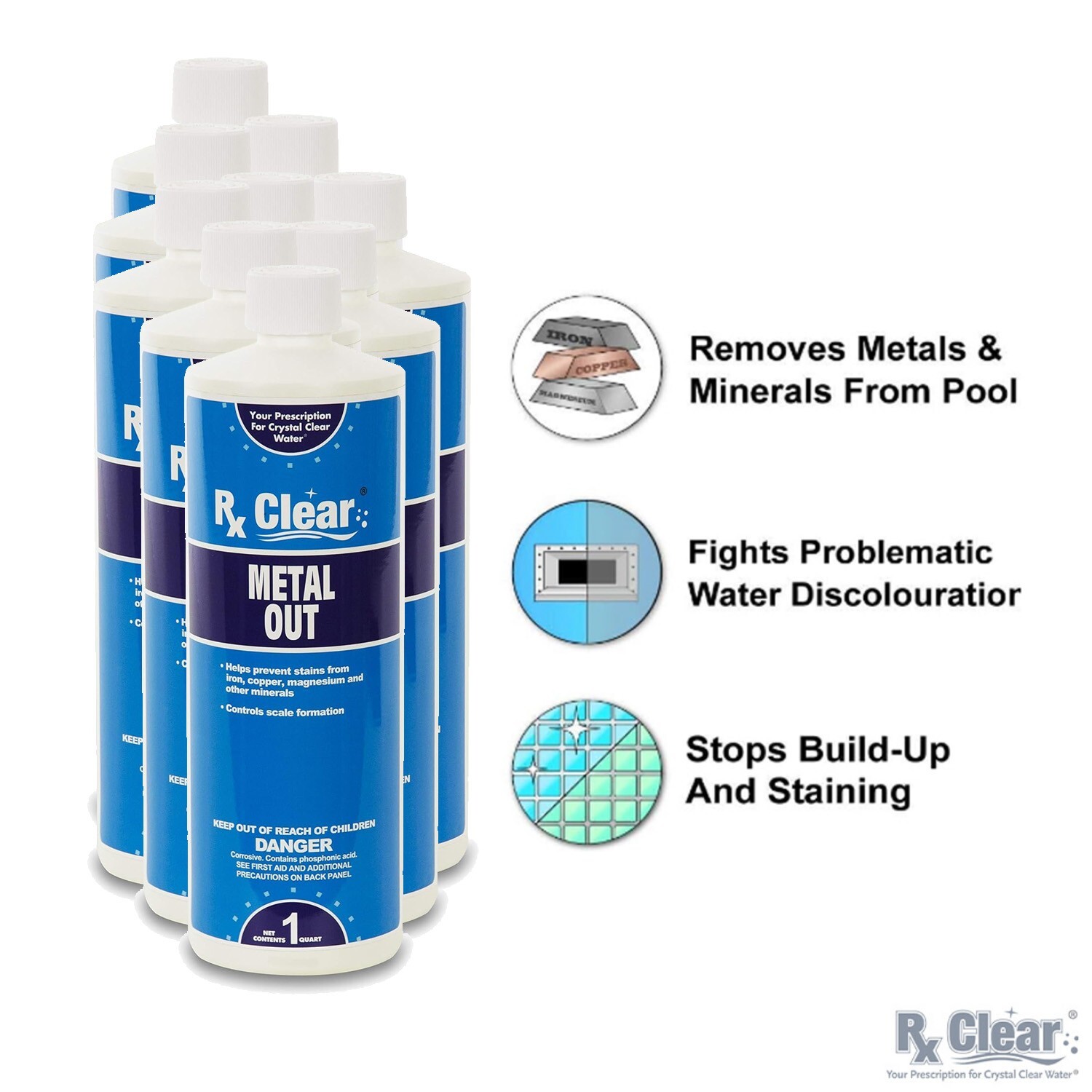 Rx Clear Swimming Pool & Spa Metal Out Chemical 1 Quart Bottle – 9 Pack