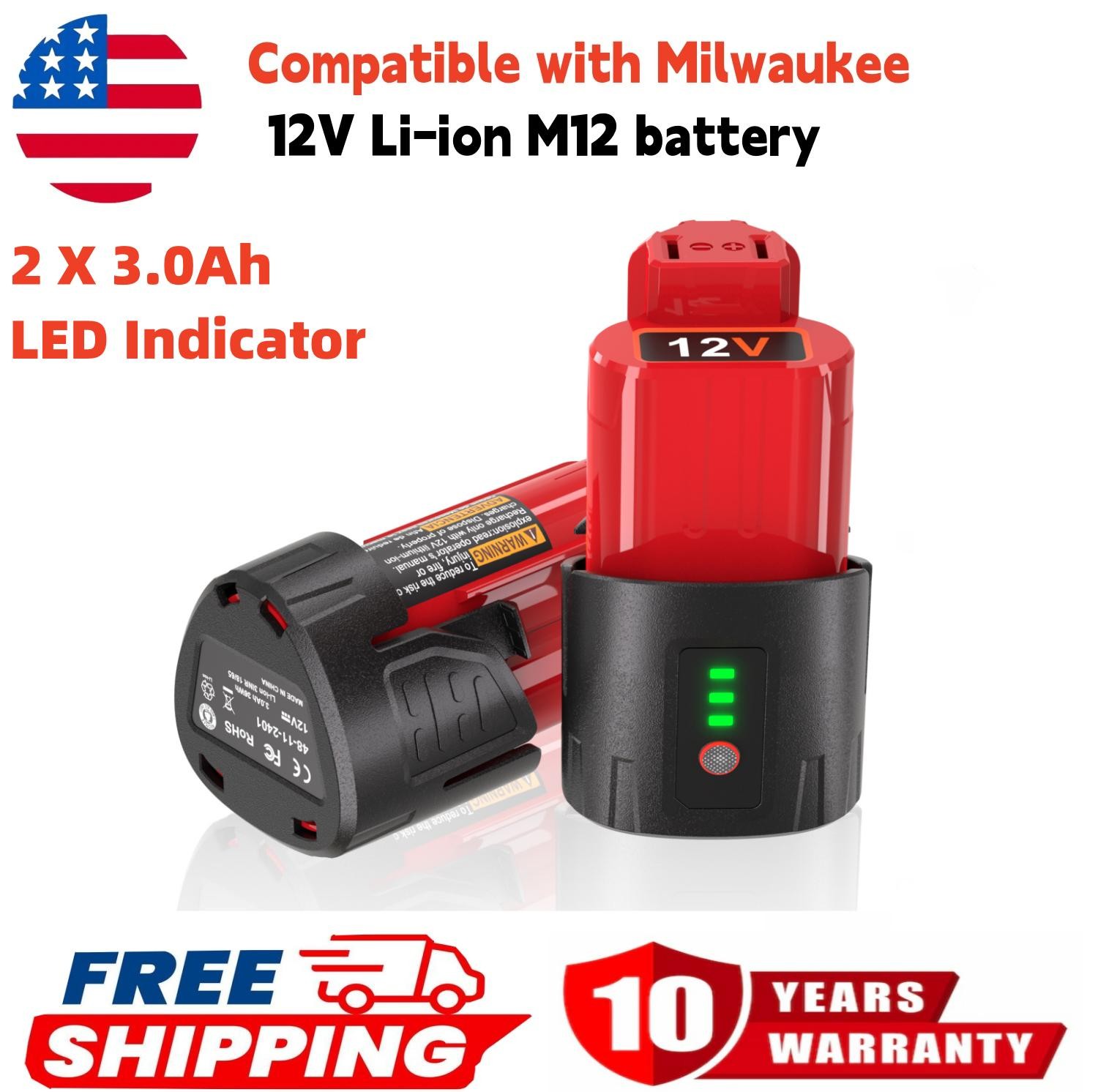 2 Pack 12V 3.0Ah for Milwaukee M-12 Lithium-ion Battery 48-11-2425 48-11-2420