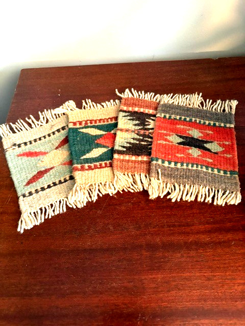 Native American Hand Woven Wool Vtg Coasters Set Of 4 Grey,Red,Green Design