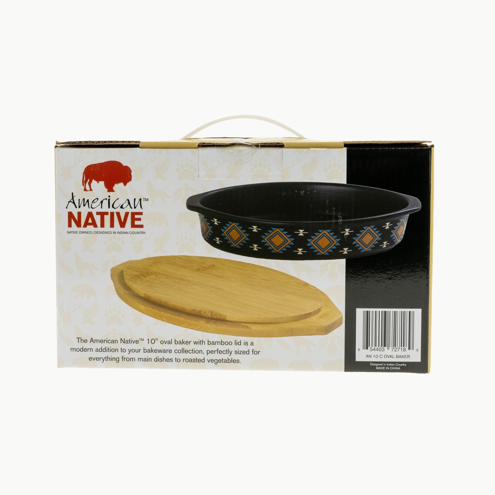 American Native 10″ Oval Ceramic Baker w/ Bamboo Lid – Tribal Design – New
