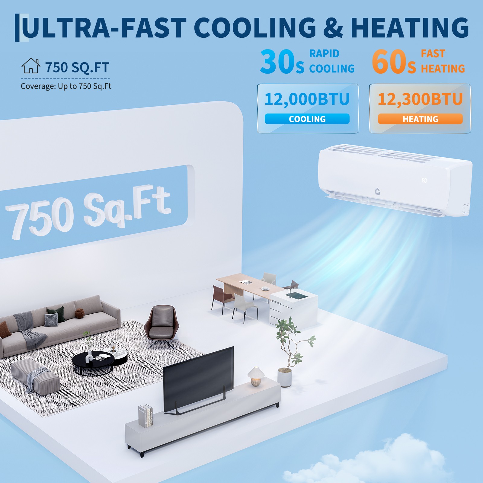 12000 BTU Wall-Mount Ductless Mini Split Air Conditioner & Heater 19 SEER2 115V