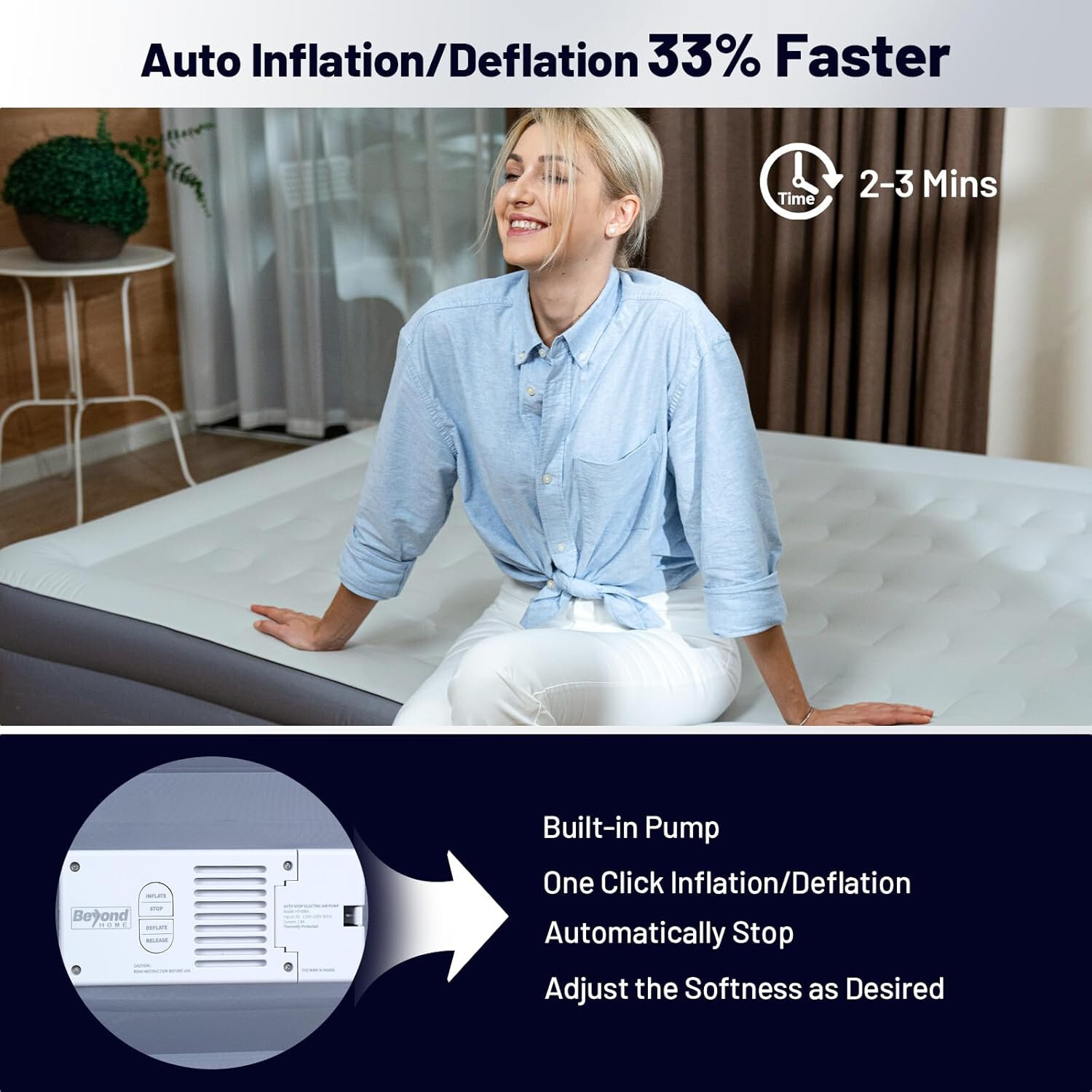 PVC-Free Air Mattress Queen with Built-in Pump, One Button Inflation & Auto Stop