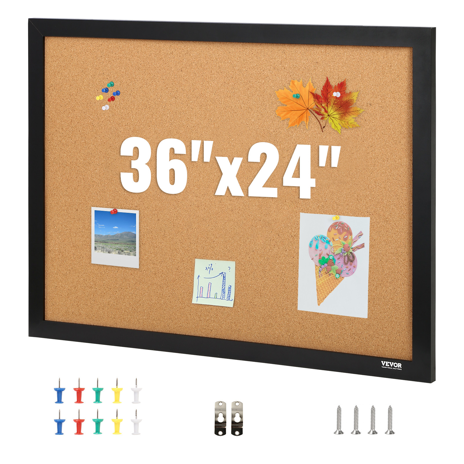 VEVOR Cork Board Bulletin Board 36″ x 24″ with MDF Sticker Frame Wall Mounted