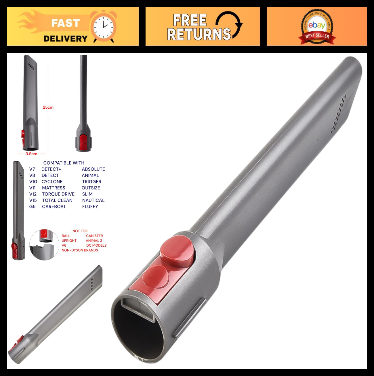 Slim Crevice Tool Attachment for Dyson V15 V12 V11 V10 V8 V7 – Vacuum Nozzle for