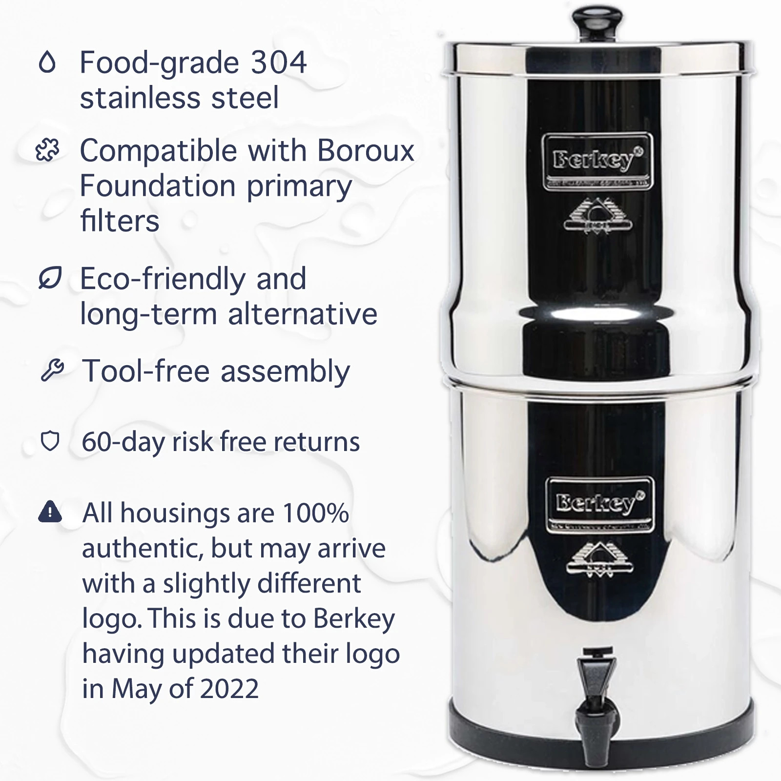 Berkey Water Filter 304 Stainless Steel Replacement Housing with Metal Spigot