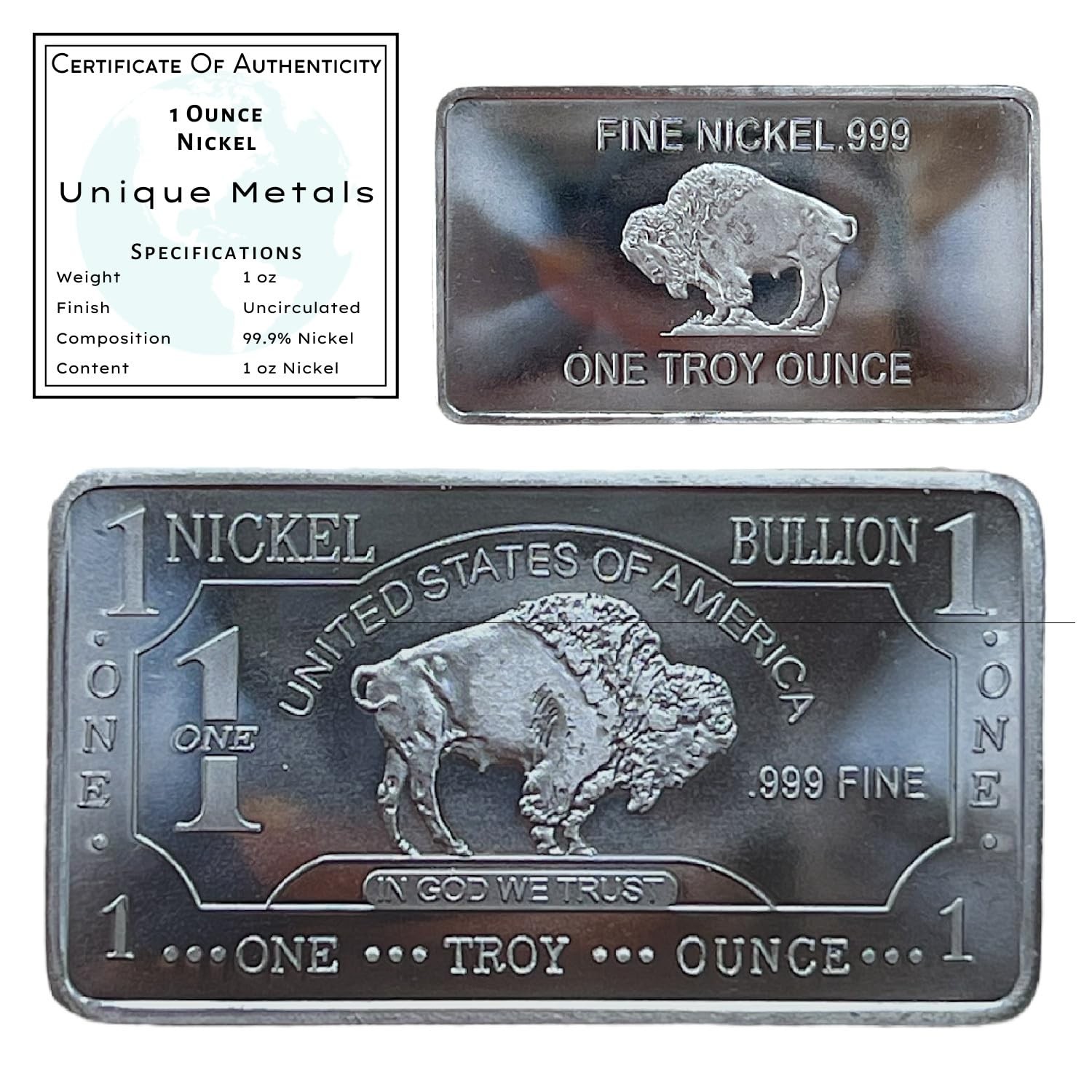 1 Troy Ounce (Oz) Nickel Bar Bullion Paperweight Metal with Certificate of Au…