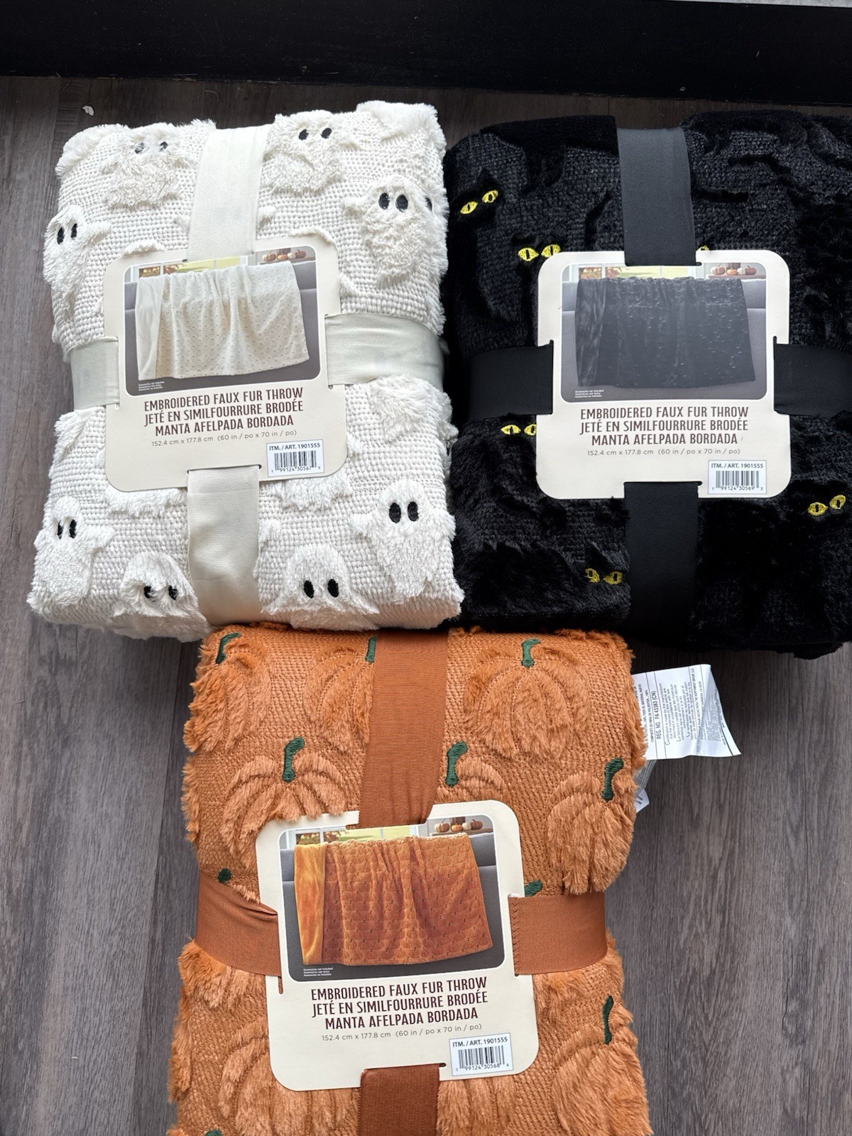 NWT Costco Halloween Faux Fur Throw Blanket Lot of 3 Ghost Cat Pumpkin